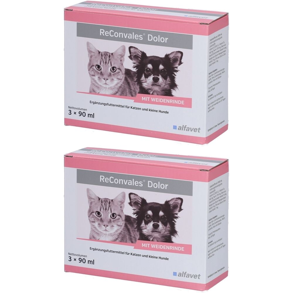 Zwei Kartons ReConvales Dolor. Aufdruck: Katze und Hund, 3 x 90 ml, mit Weidenrinde. Marke: alfavet.