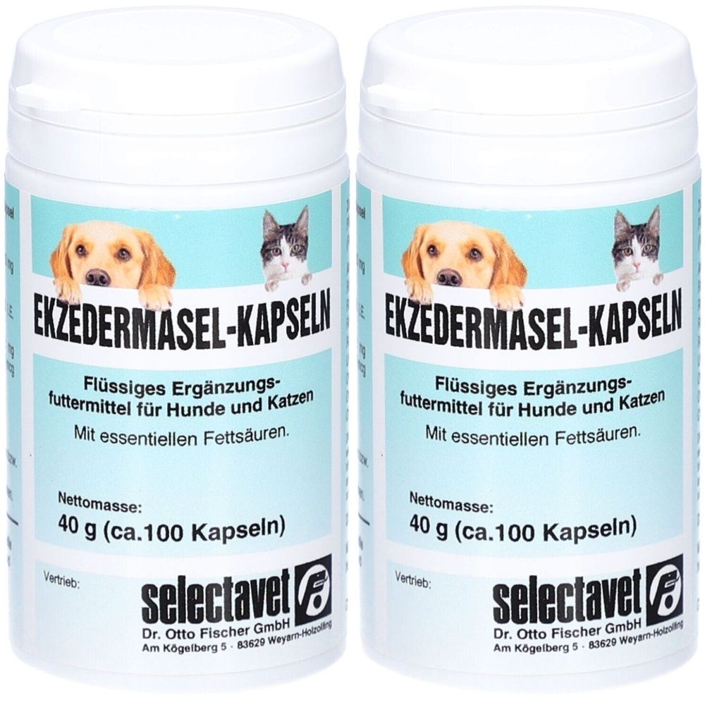 Zwei weiße Dosen mit Etiketten. Aufschrift: EKZEDERMASEL-KAPSELN. Ergänzungsfuttermittel für Hunde und Katzen. Nettomasse: 40 g (ca.100 Kapseln).