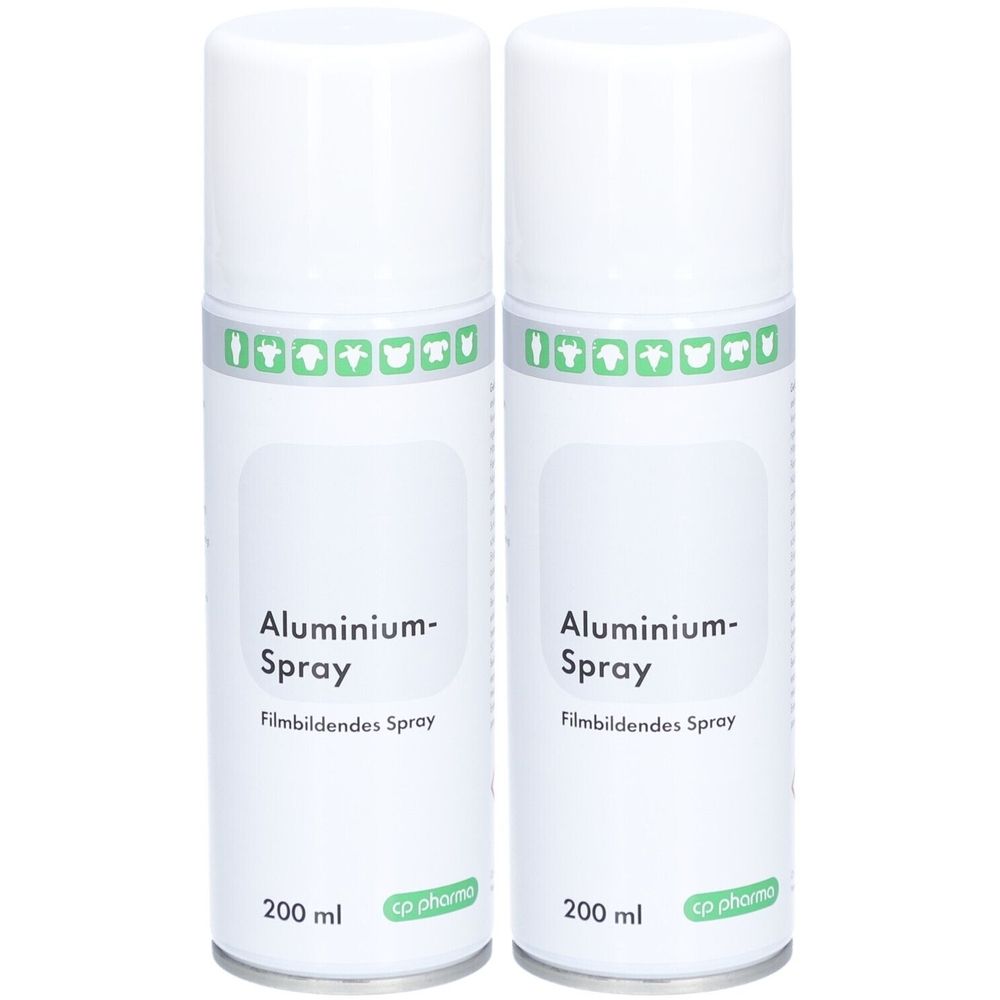 Zwei weiße Sprühdosen mit grünem Band. Aufschrift: Aluminium-Spray, Filmbildendes Spray, 200 ml. Logo: cp pharma.