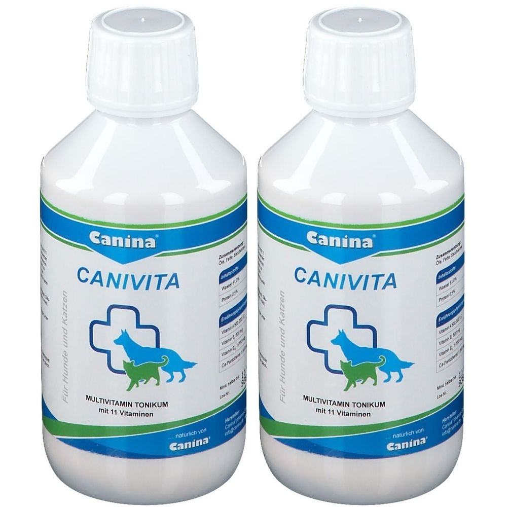 Zwei weiße Flaschen mit blauen und grünen Etiketten. Auf den Etiketten steht "Canina CANIVITA" und ein Logo mit Hund und Katze.