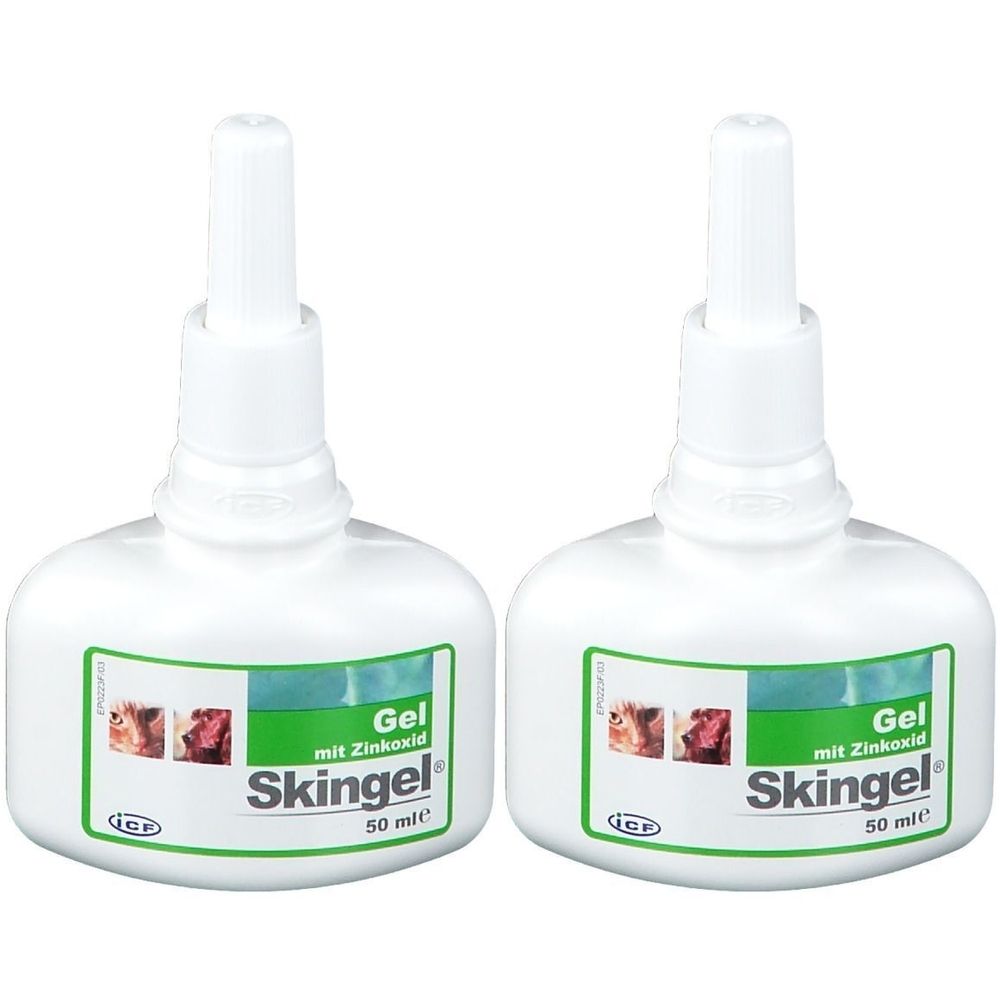 Zwei weiße Flaschen Skingel mit Zinkoxid, je 50 ml.
