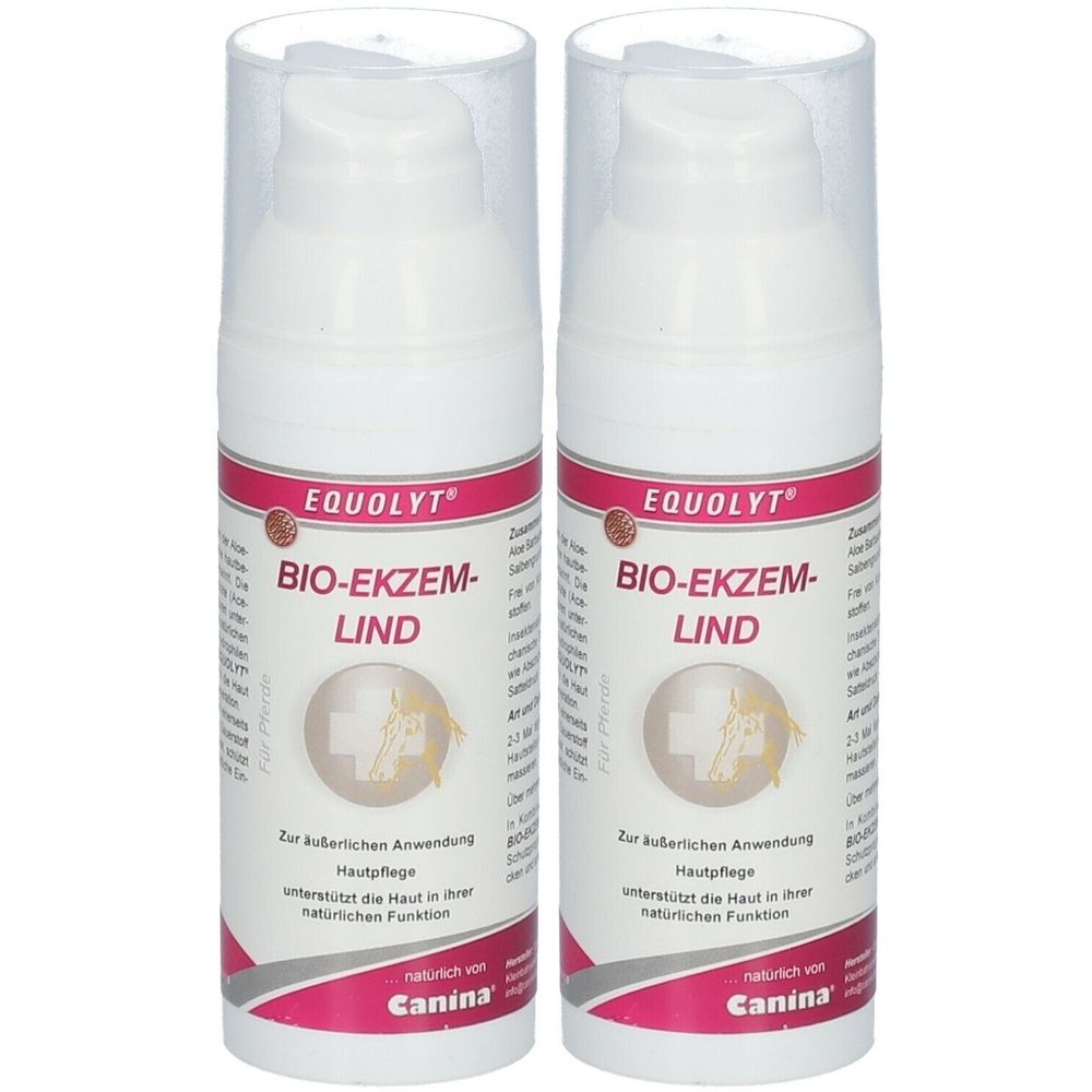 Zwei weiße Pumpflaschen mit transparenten Kappen. Aufschrift: EQUOLYT BIO-EKZEM-LIND. Marke: Canina.
