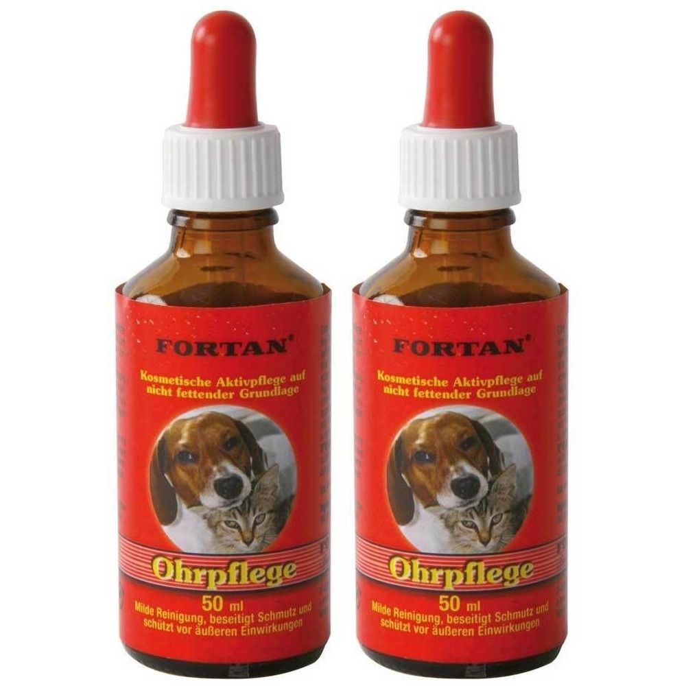 Zwei braune Glasflaschen mit roter Aufschrift. Auf dem Etikett sind ein Hund und eine Katze abgebildet. Die Flaschen haben rote Tropfer.