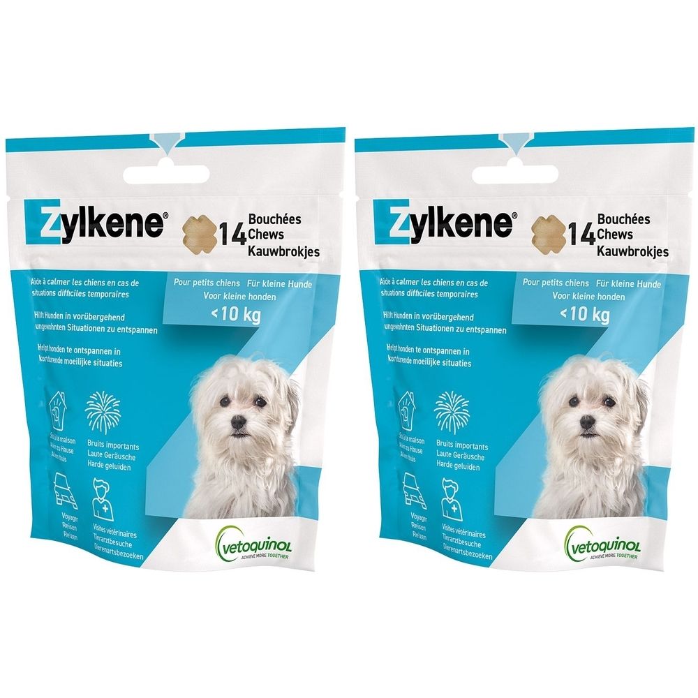 Zwei Beutel Zylkene Chews. Jeder Beutel enthält 14 Chews. Aufdruck: Für kleine Hunde <10 kg. Abgebildet ist ein Hund. Marke: Vetoquinol.