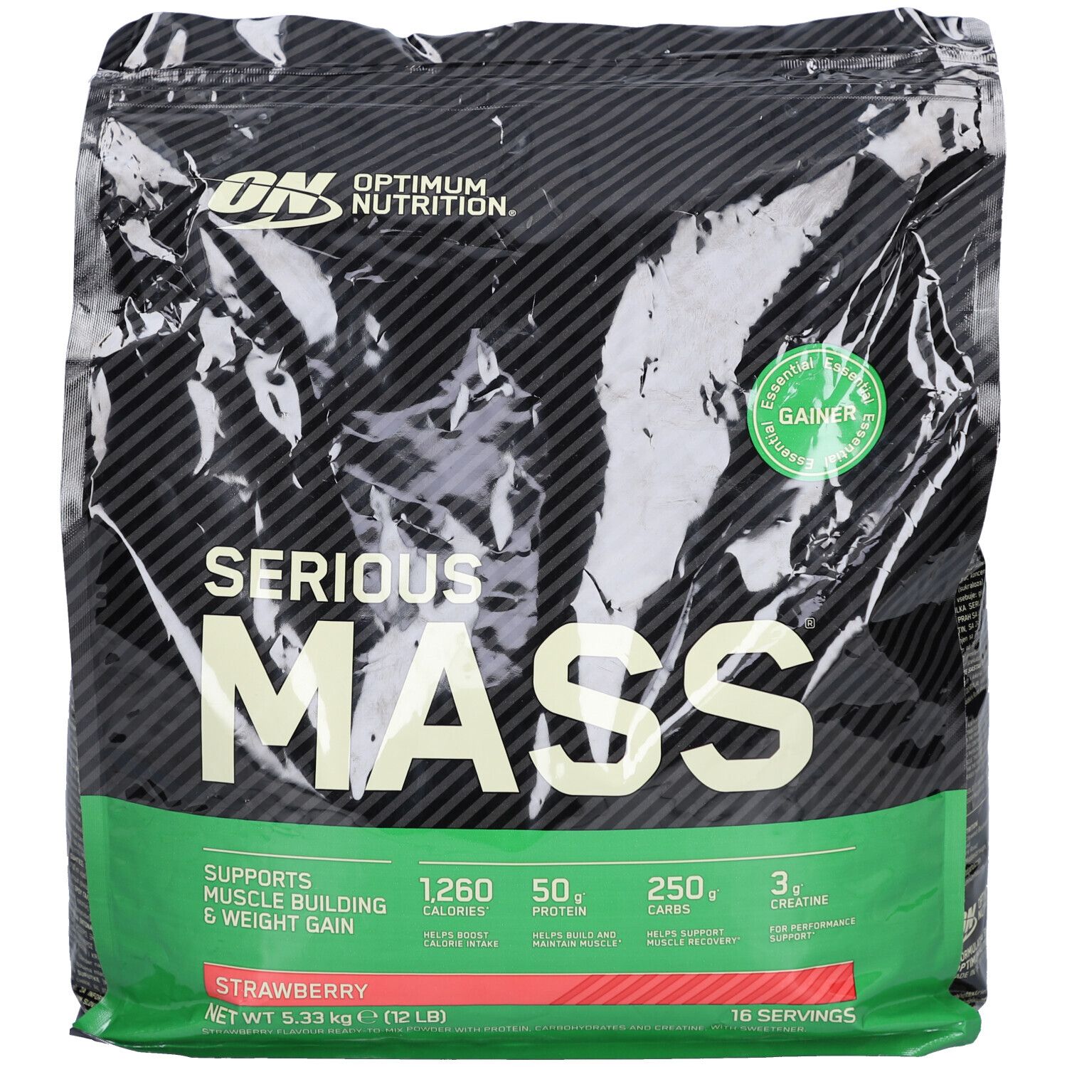 Beutel mit Aufschrift "Serious Mass". Enthält 5,33 kg. Aufdrucke: "Optimum Nutrition", "Strawberry", Nährwertangaben.
