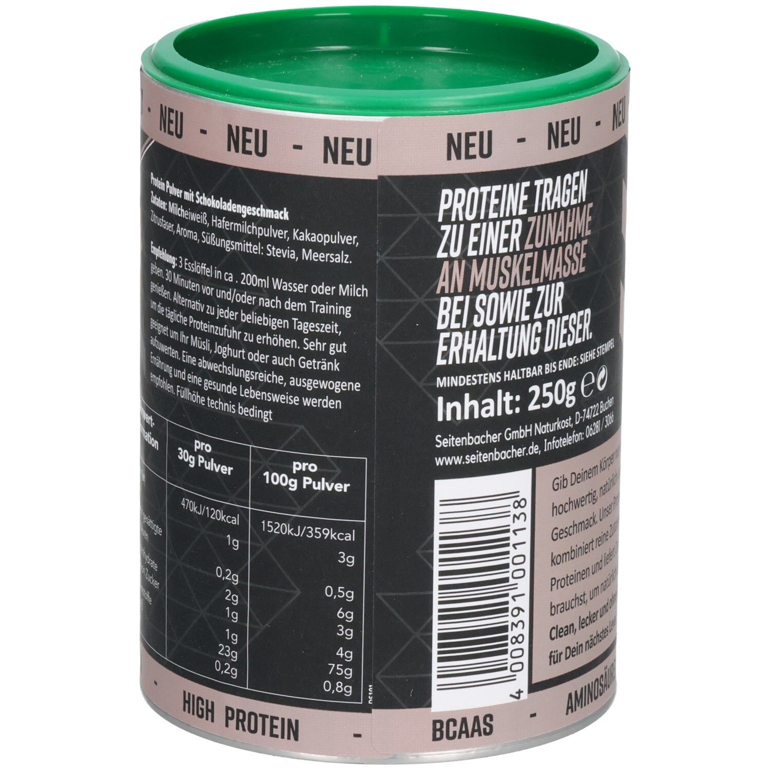 Dose Seitenbacher Proteinpulver Schoko. Rückseite mit Text, Nährwertangaben und Zutaten. Aminosäuren und High Protein.