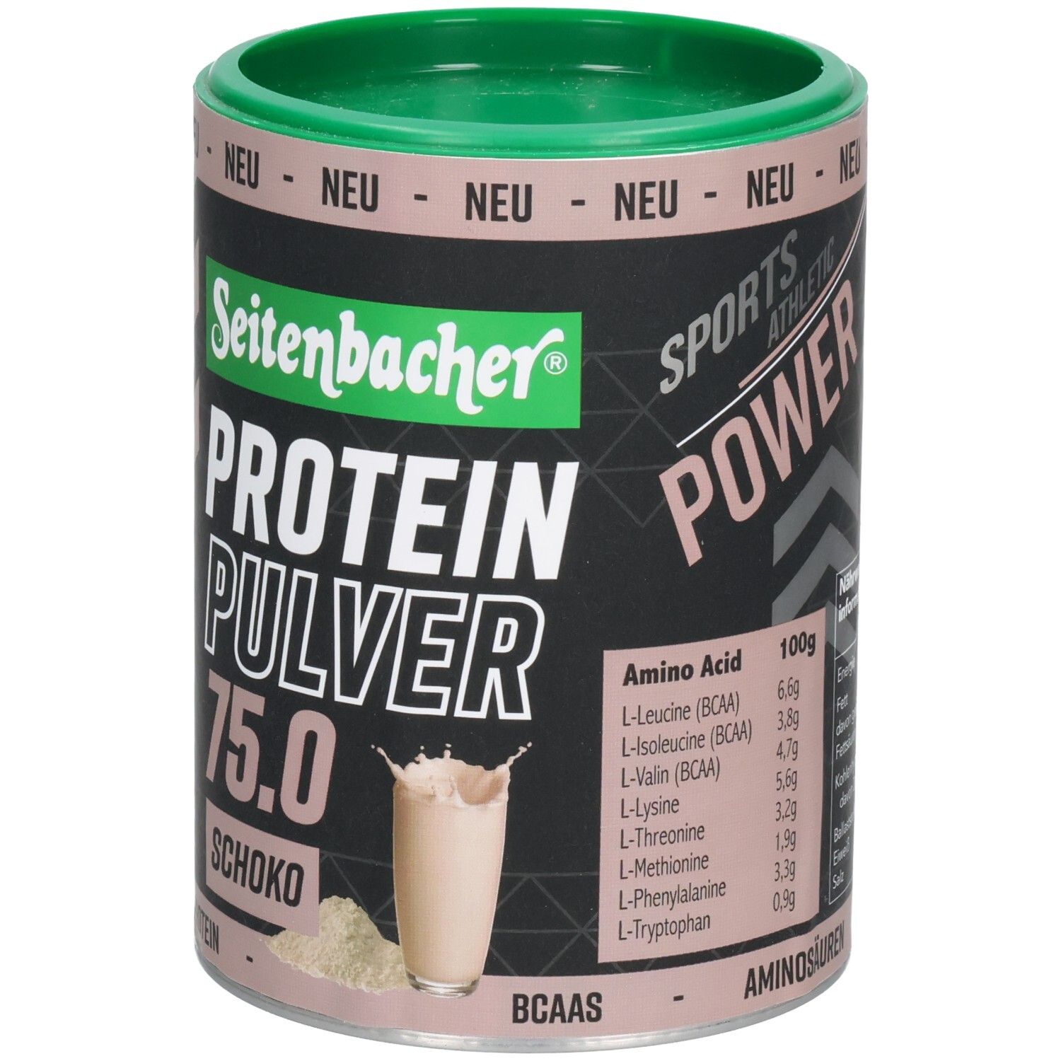 Dose Seitenbacher Proteinpulver Schoko. Grün-braune Dose mit Produktname und Abbildung eines Getränks. 75.0. Aminosäuren.