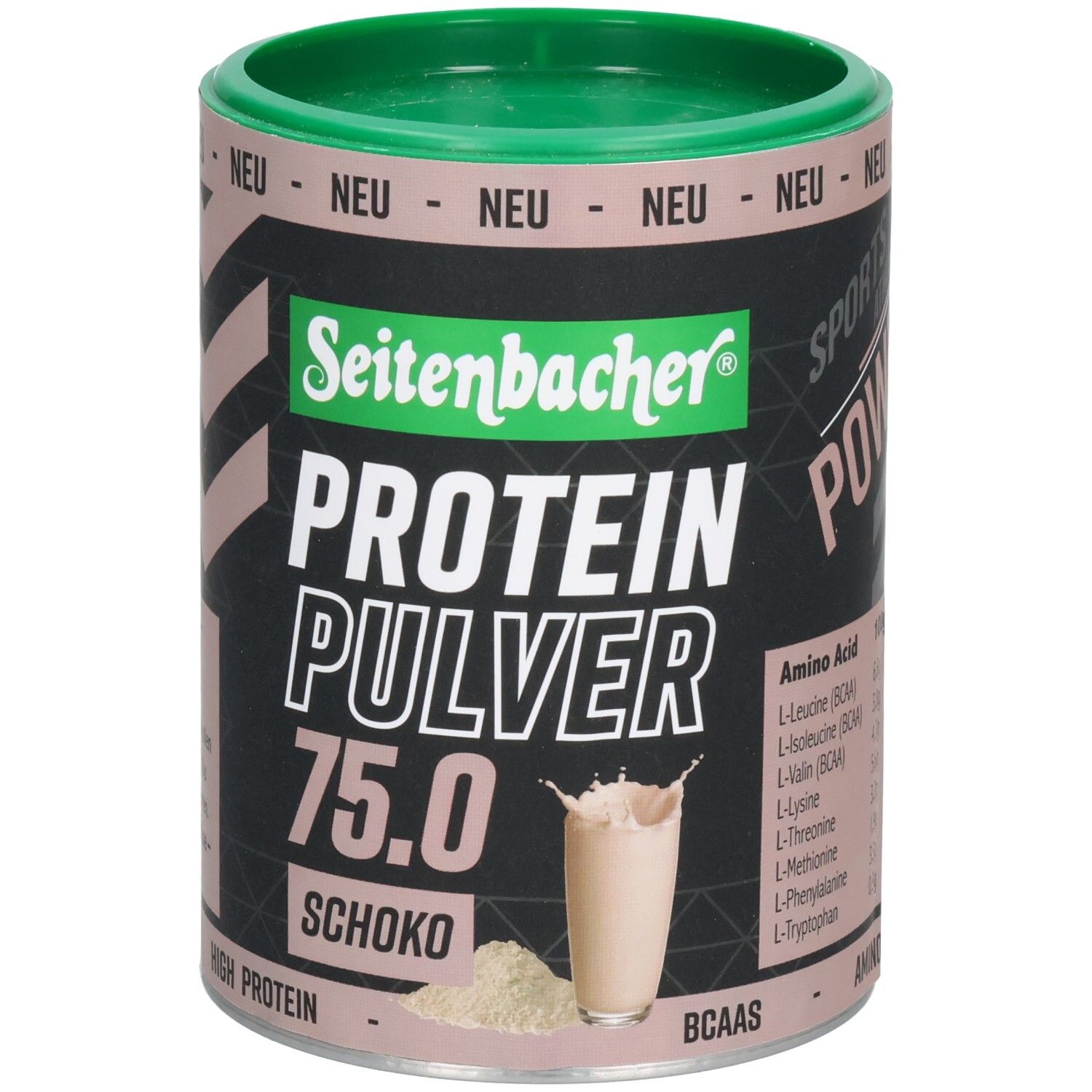 Dose Seitenbacher Proteinpulver Schoko. Grün-braune Dose mit Produktname und Abbildung eines Getränks. 75.0. Aminosäuren.