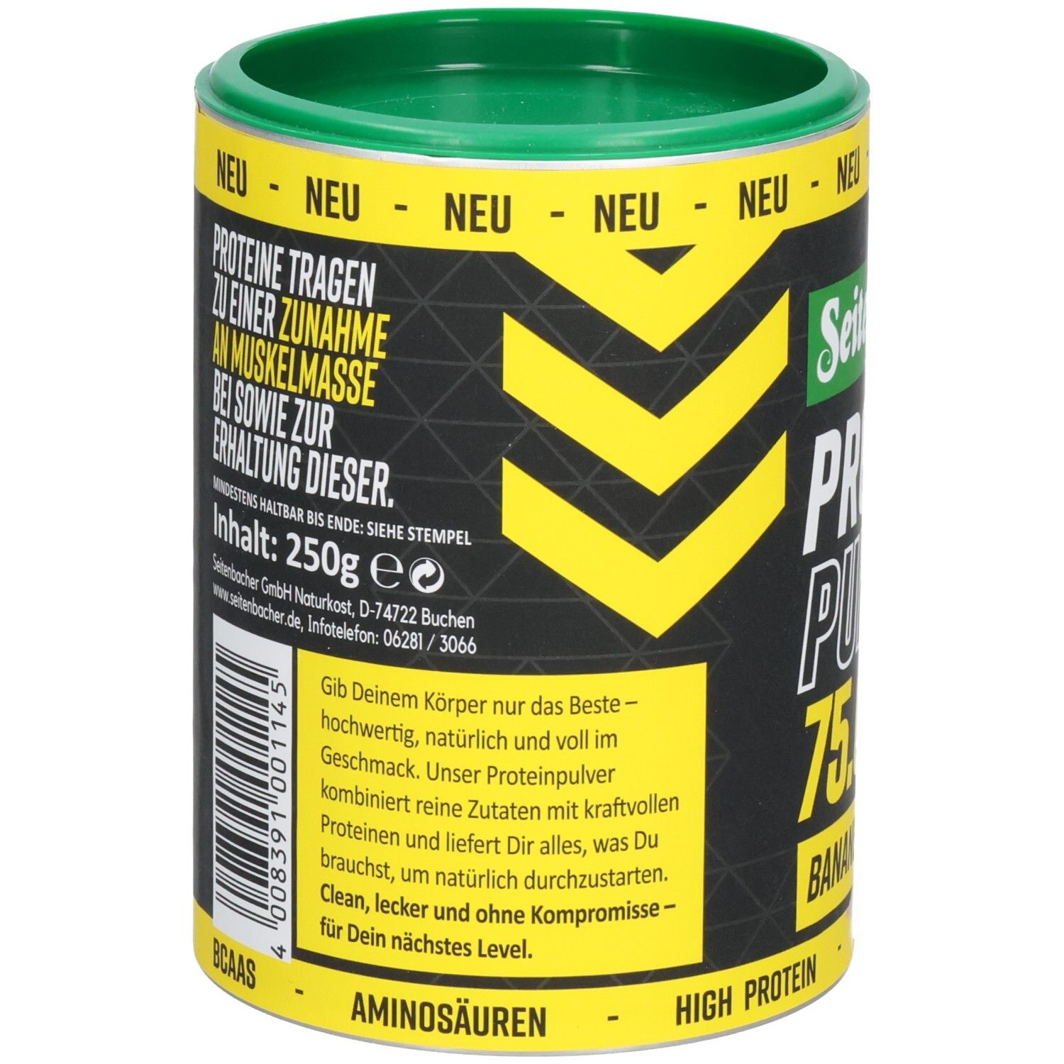 Rückseite der Dose Seitenbacher Proteinpulver. Text über Proteine und Muskelaufbau. Inhalt: 250g. Aminosäuren und High Protein.