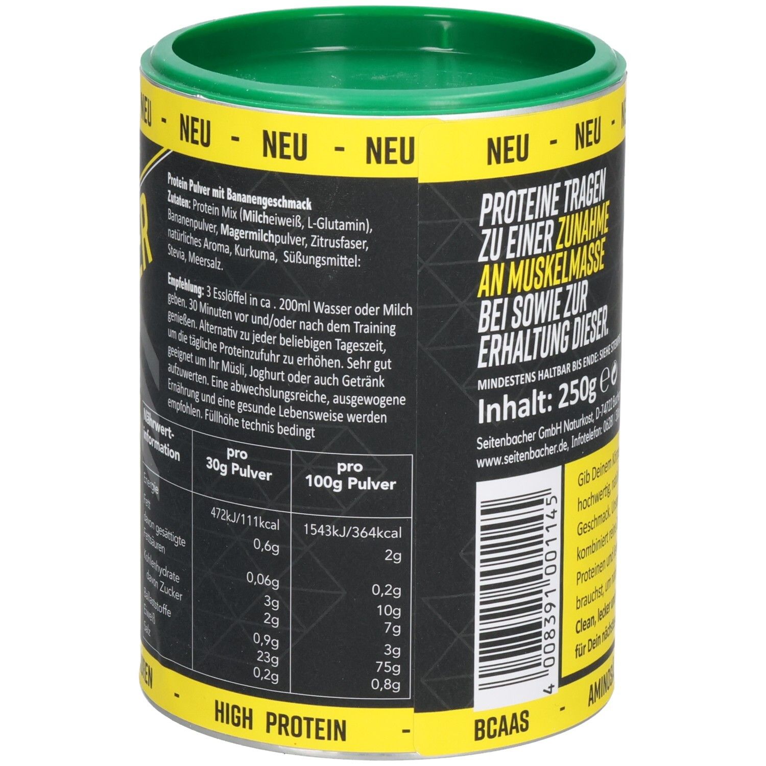 Rückseite der Dose Seitenbacher Proteinpulver. Zutatenliste und Nährwertangaben. Inhalt: 250g. Aminosäuren und High Protein.