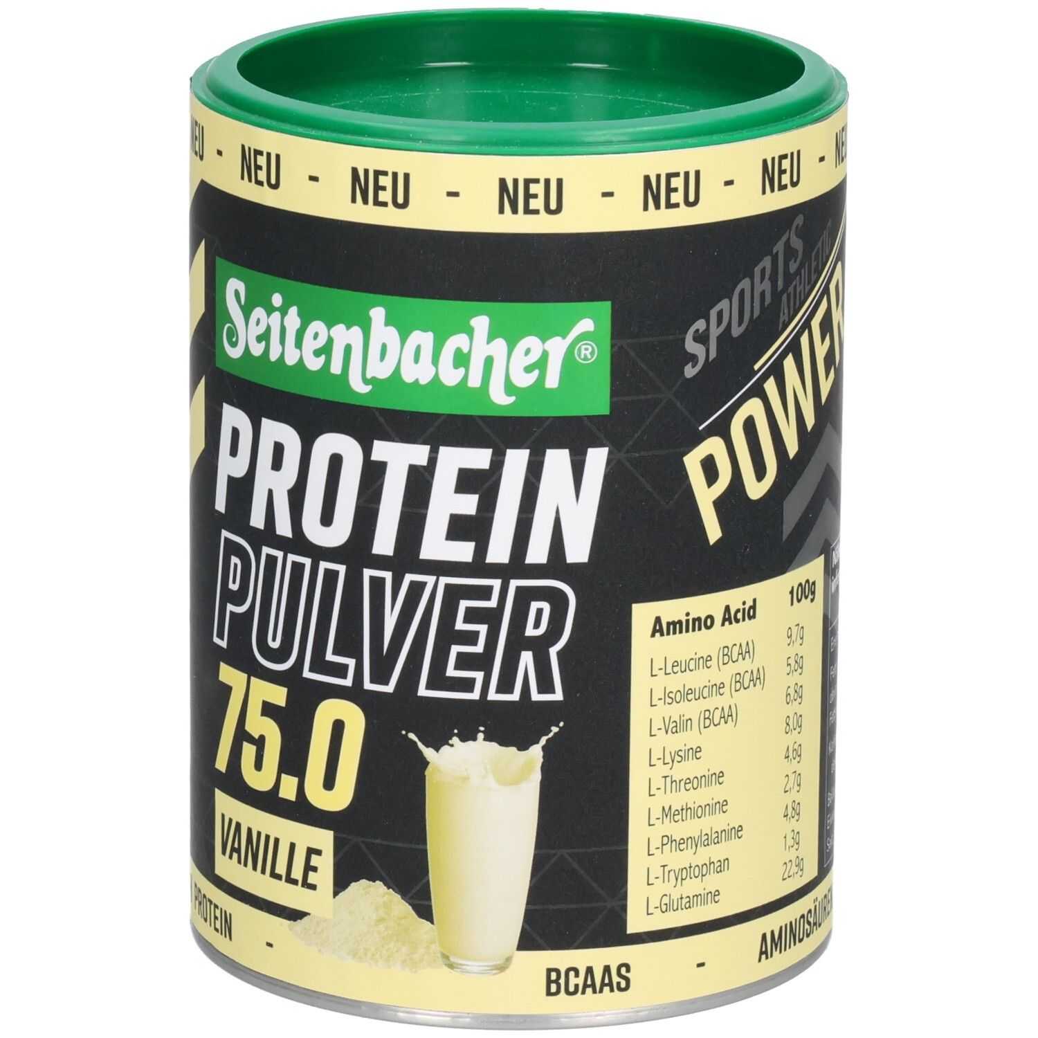 Dose Seitenbacher Proteinpulver Vanille. Grün-gelbe Verpackung. Aufschrift: Protein Pulver 75.0, Vanille. Abbildung eines Getränks. Aminosäuren.