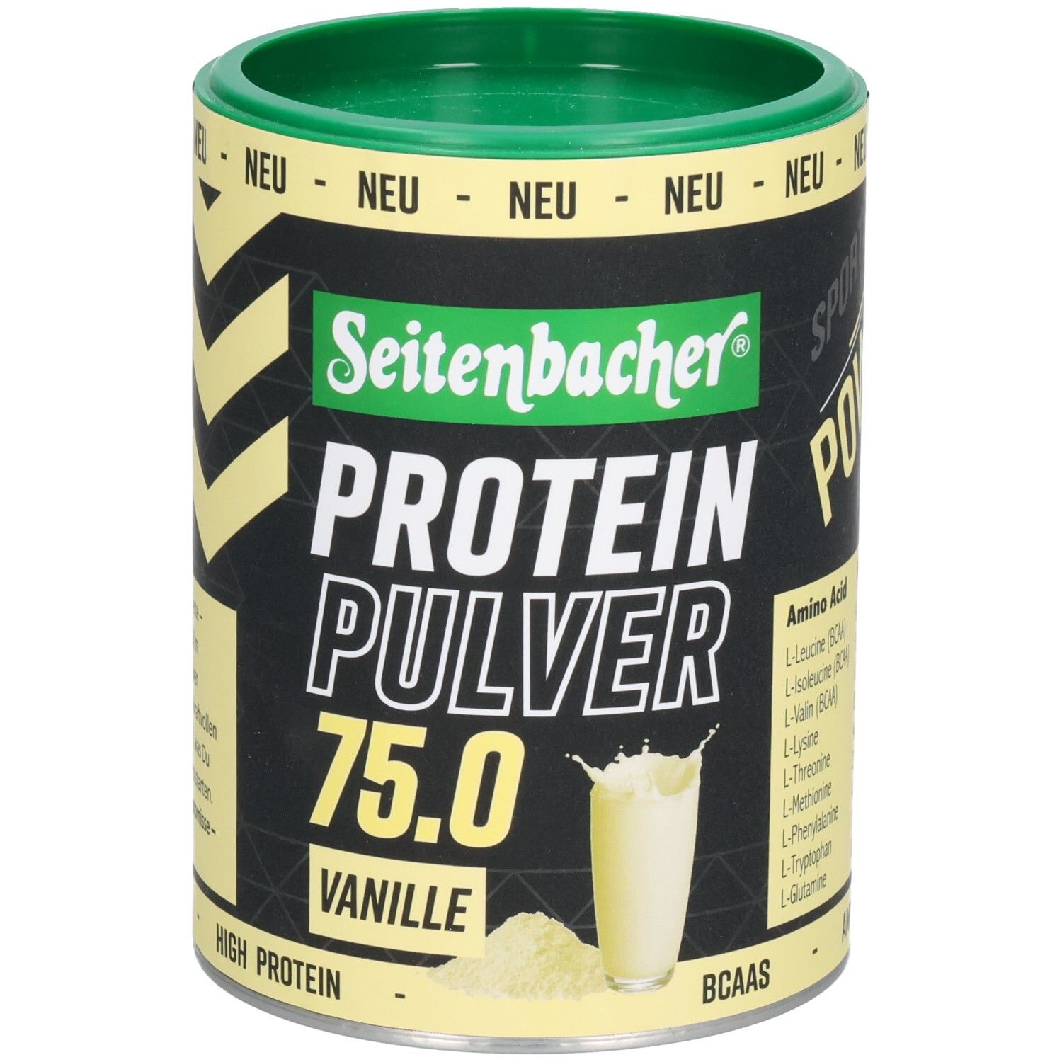 Dose Seitenbacher Proteinpulver Vanille. Grün-gelbe Verpackung. Aufschrift: Protein Pulver 75.0, Vanille. Abbildung eines Getränks. Aminosäuren.