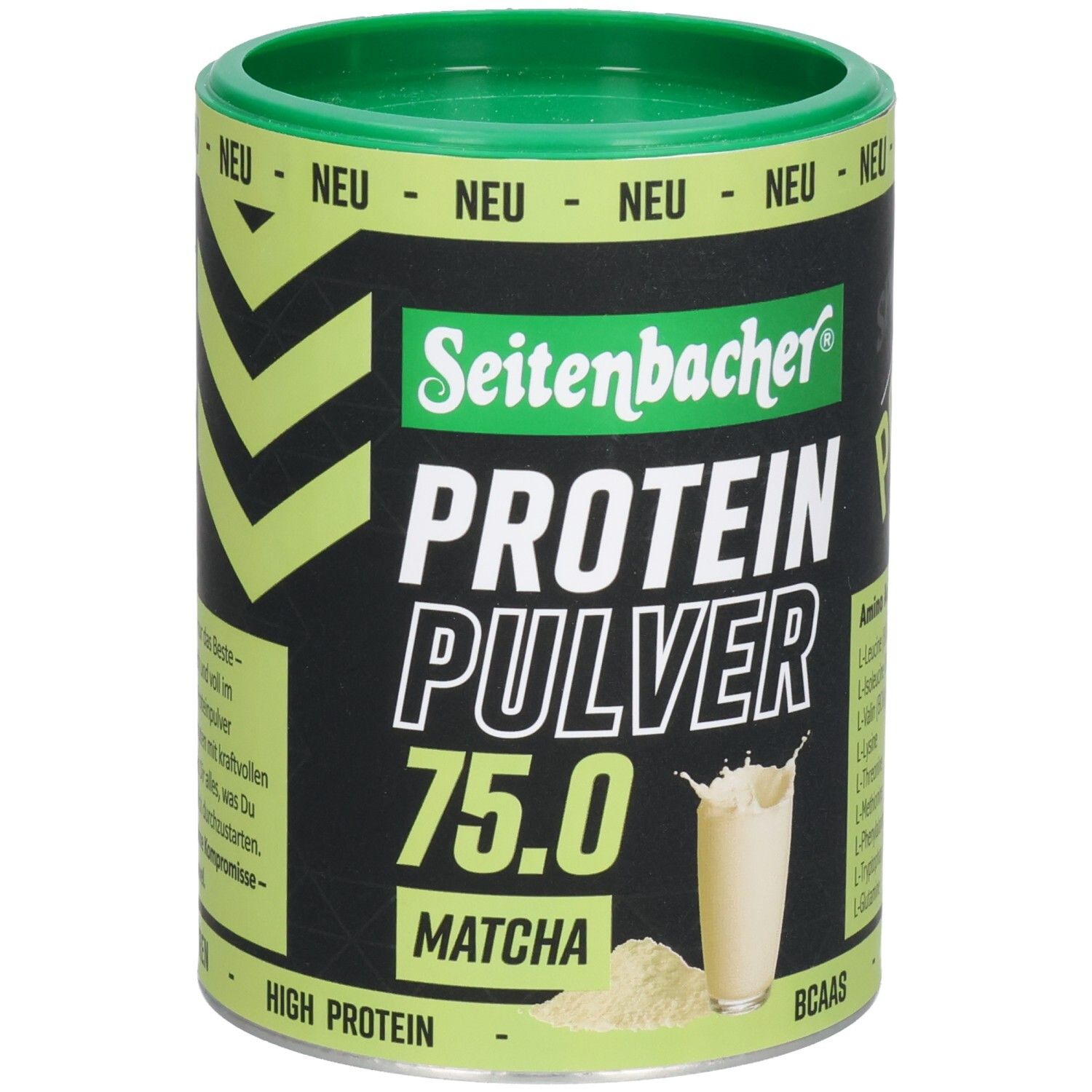 Grüne Dose Seitenbacher Proteinpulver Matcha. Aufschrift: Protein Pulver 75.0, Matcha. Abbildung eines Getränks.