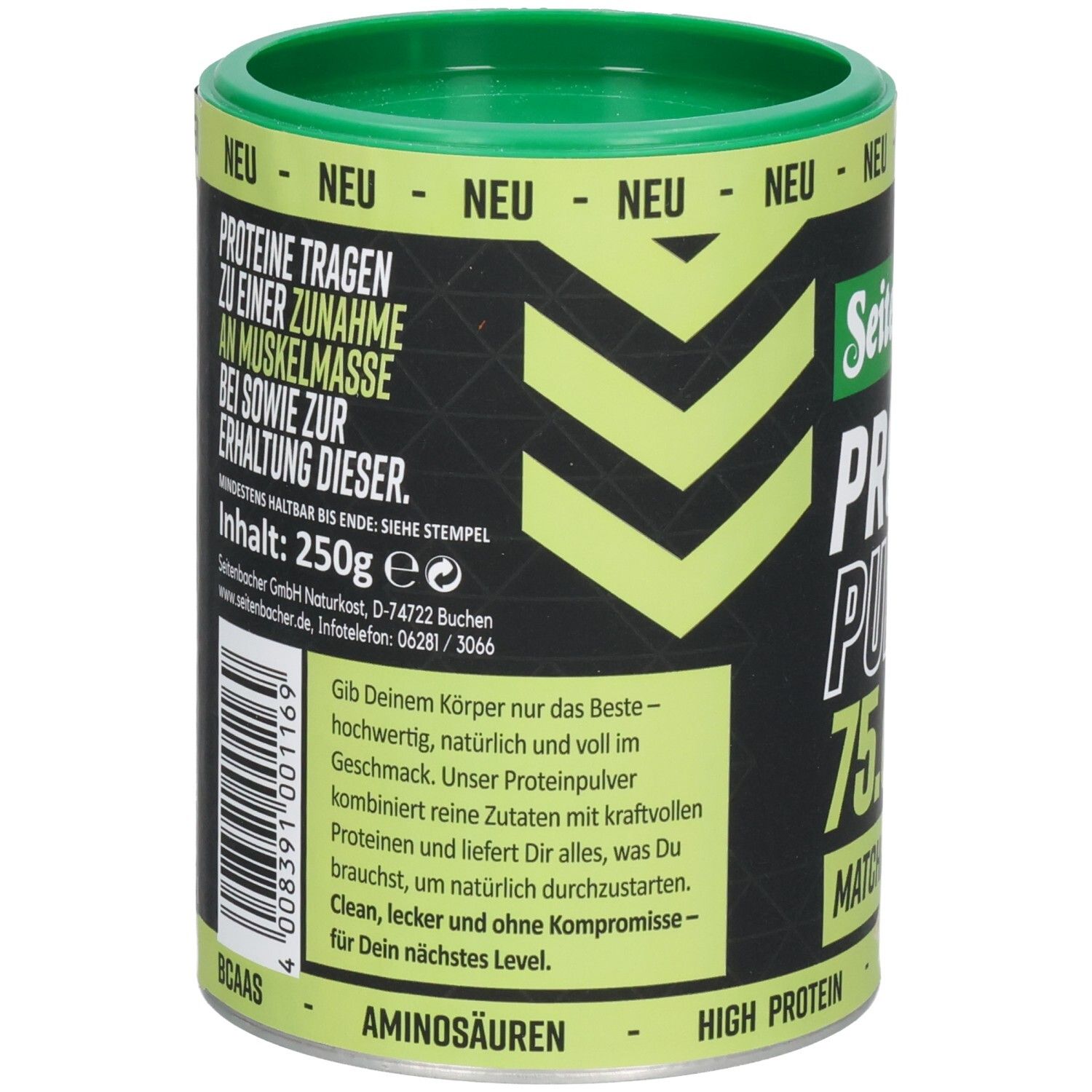 Grüne Dose Seitenbacher Proteinpulver. Text auf Deutsch. Inhalt: 250g. Informationen zu Proteinen und Inhaltsstoffen.