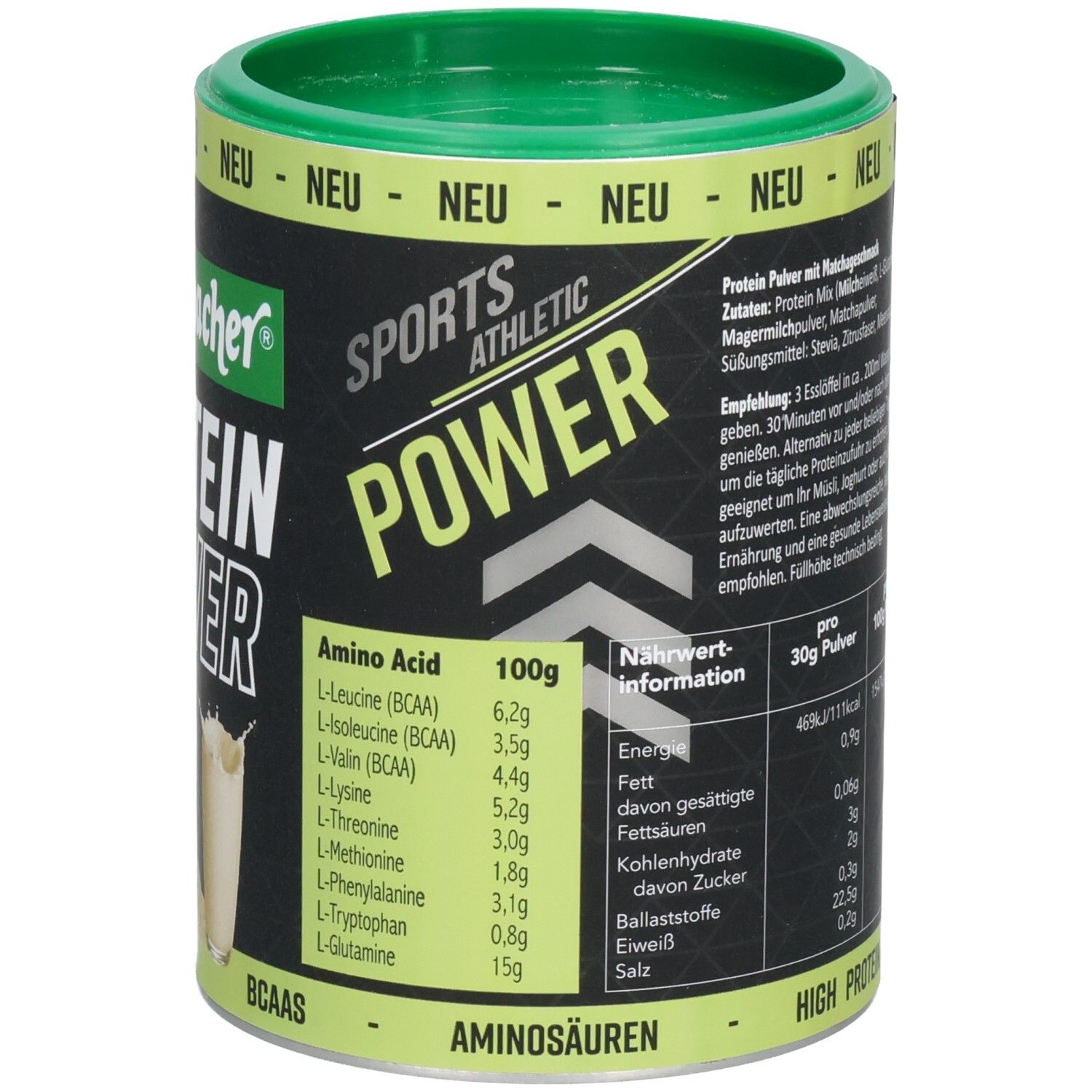 Grüne Dose Seitenbacher Proteinpulver. Text auf Deutsch. Aminosäuren-Tabelle. Nährwertangaben pro 30g Pulver.