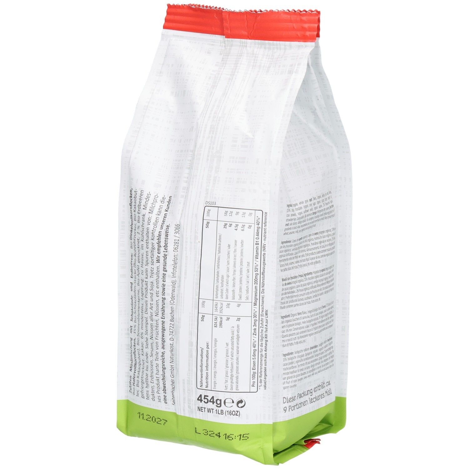 Rückseite der Seitenbacher Bio-Müsli Verpackung. Enthält Nährwertangaben, Inhaltsstoffe und Herstellerinformationen. Gewicht: 454g.