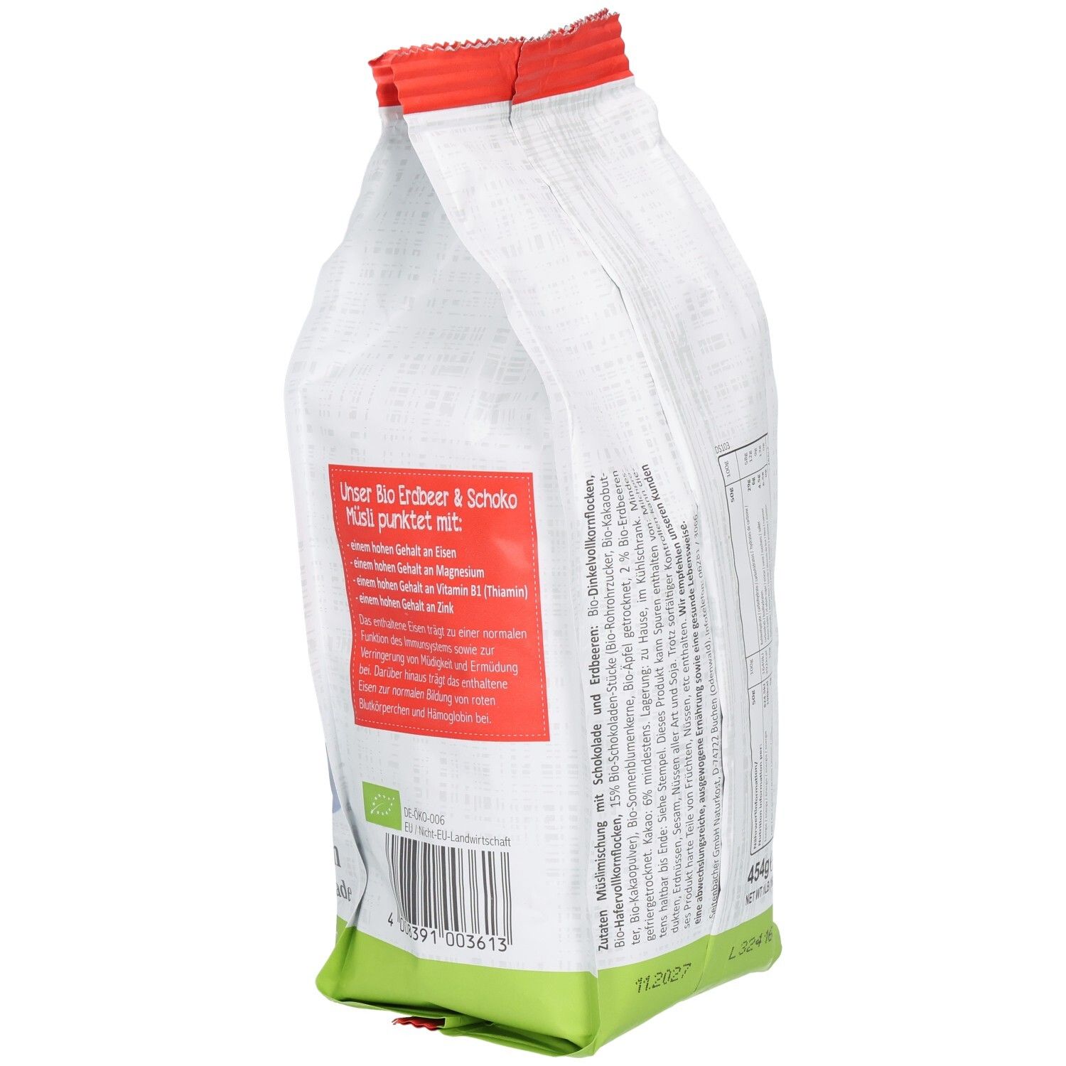 Seitenbacher Bio-Müsli Verpackung, schräge Ansicht. Roter Textbereich mit Produktinformationen. Enthält Logo und Produktnamen.