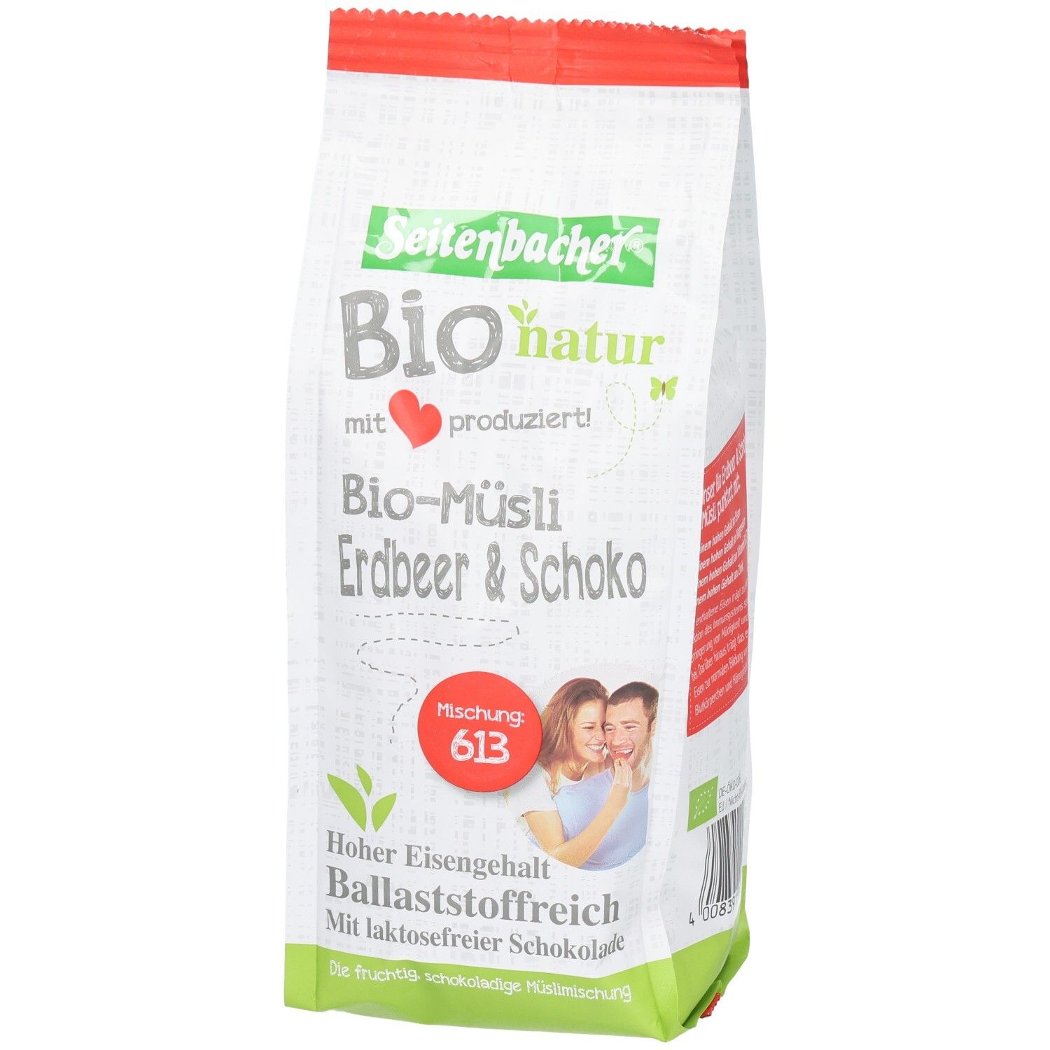 Seitenbacher Bio-Müsli Verpackung, leicht schräge Ansicht. Weißer Beutel mit rotem Verschluss. Produktname und Logo deutlich sichtbar.
