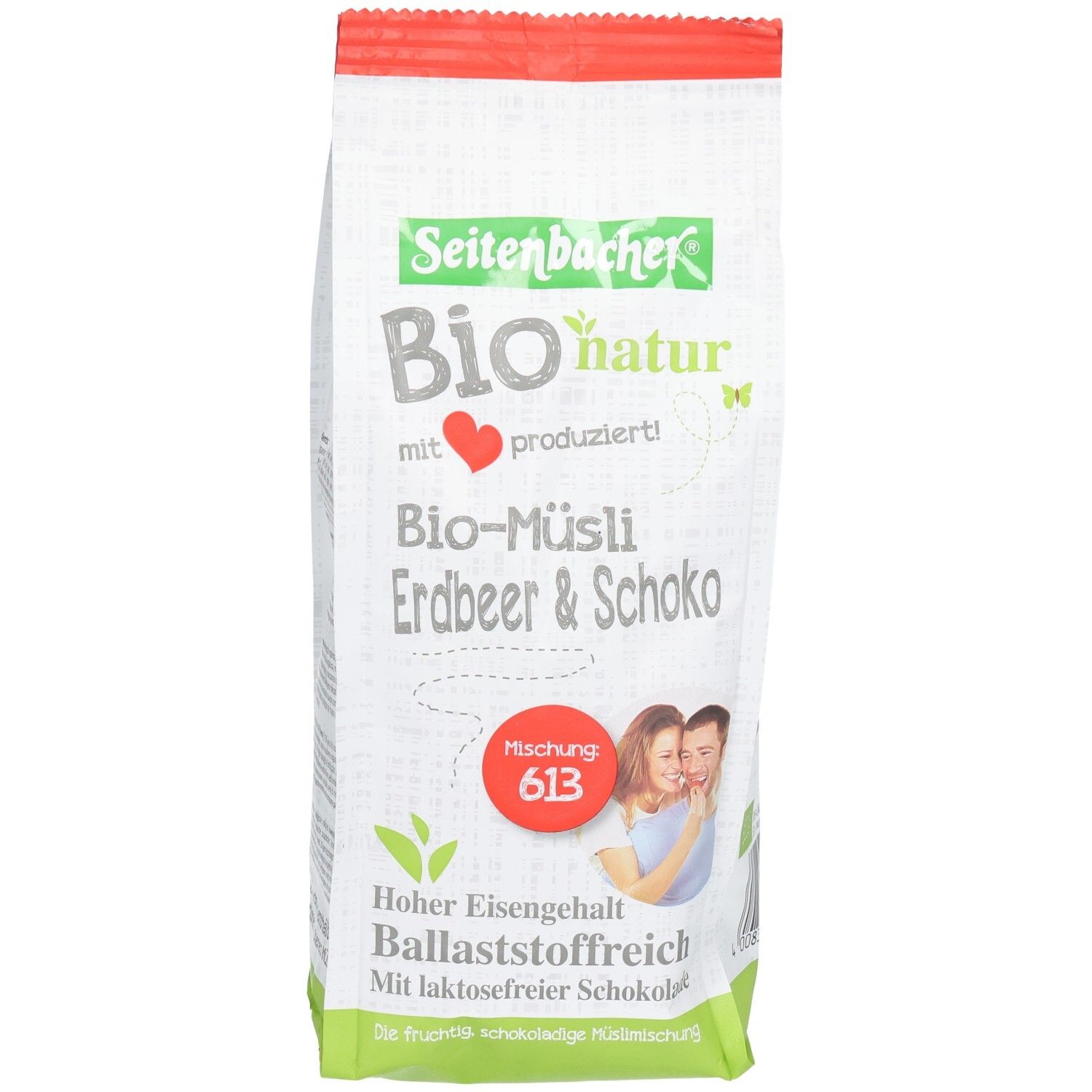 Seitenbacher Bio-Müsli Verpackung, Frontansicht. Weißer Beutel mit rotem Verschluss. Produktname, Logo und Illustrationen deutlich sichtbar.