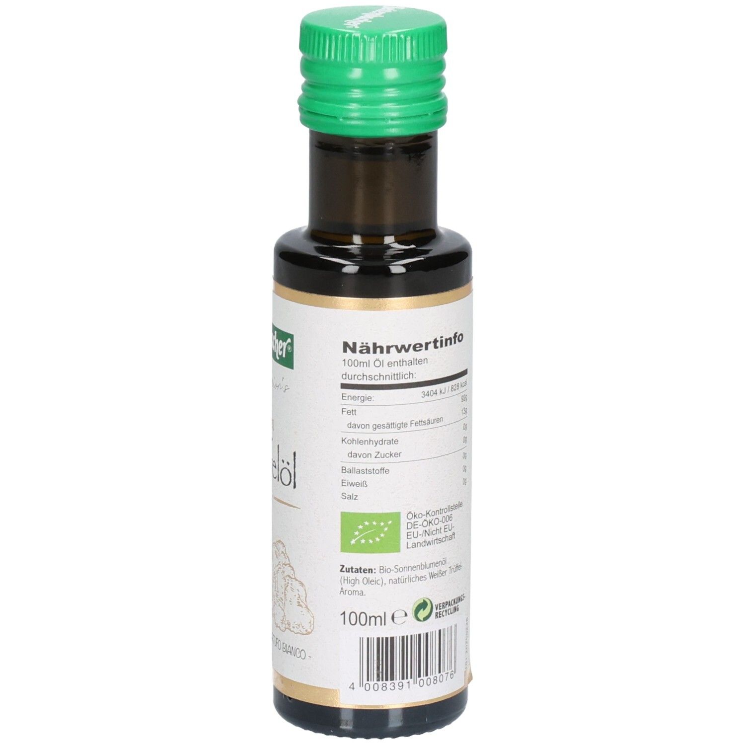 Rückseite der Flasche. Nährwertinformationen, Bio-Siegel und 100ml-Angabe. Angaben zu Inhaltsstoffen.