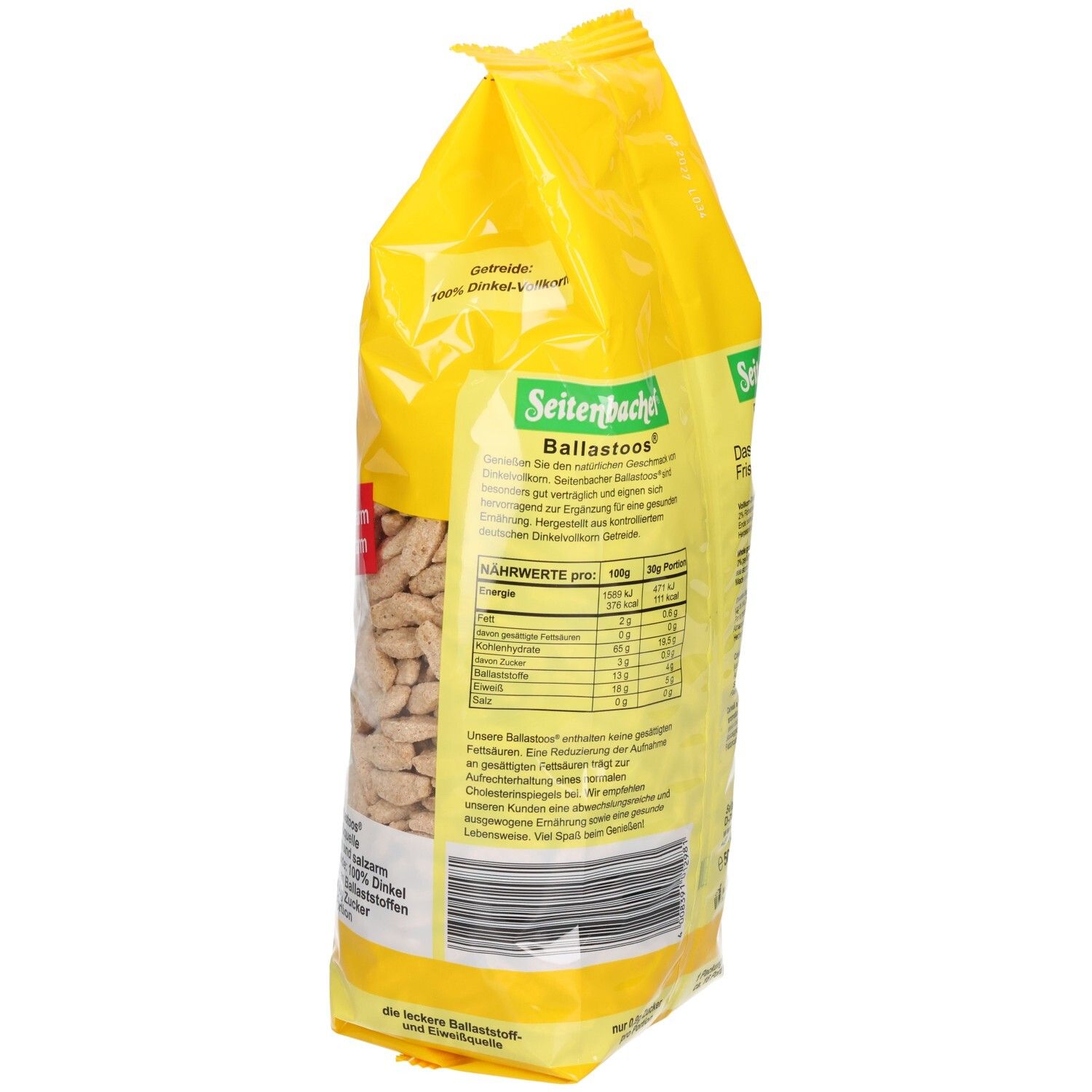 Gelbe Verpackung, Seitenansicht. Produktname und Logo. Text mit Nährwertangaben. 500g Packung. Informationen zum Produkt.