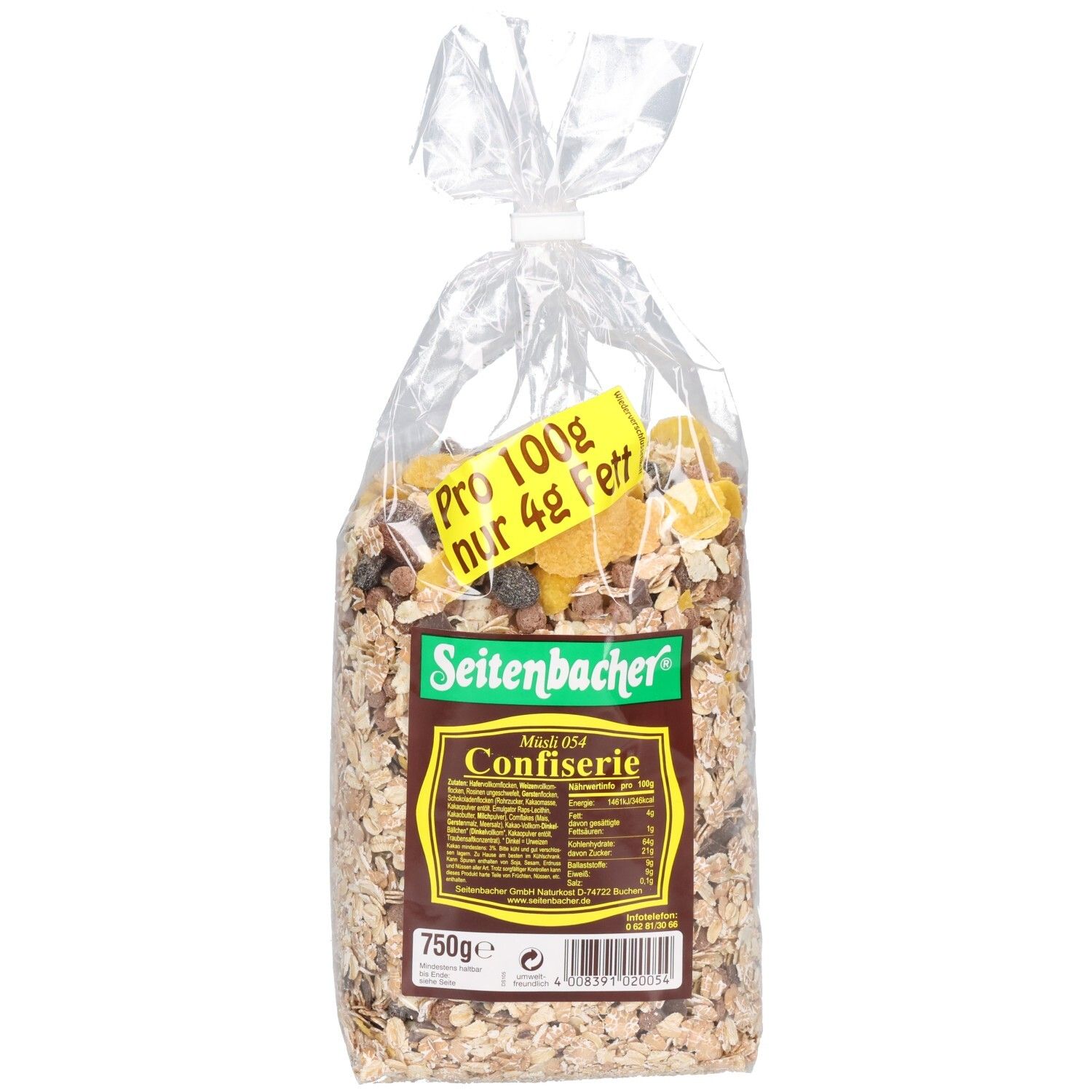 Transparente Tüte mit Seitenbacher Sb.-Confiserie. Aufdruck: "Pro 100g nur 4g Fett". Grün-braunes Etikett mit Produktinformationen.