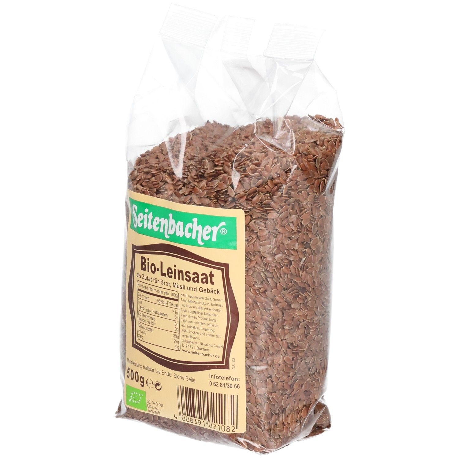 Transparente Verpackung mit Bio-Leinsaat. Aufdruck: Seitenbacher, Bio-Leinsaat, 500g, EU-Bio-Siegel.
