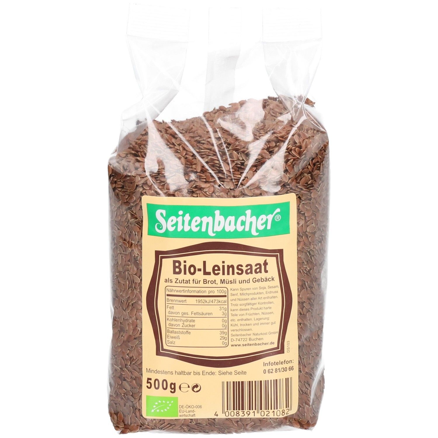 Transparente Verpackung mit Bio-Leinsaat. Aufdruck: Seitenbacher, Bio-Leinsaat, 500g, EU-Bio-Siegel.