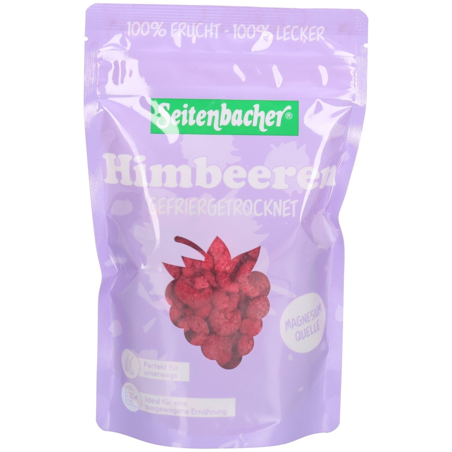 Beutel mit gefriergetrockneten Himbeeren. Aufschrift: Seitenbacher Himbeeren, 100% Frucht, 100% lecker. Abbildung einer Himbeere.