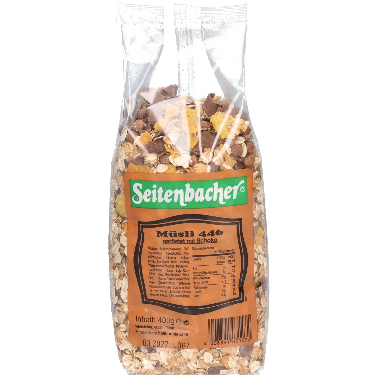 Transparente Tüte mit Müsli. Aufdruck: Seitenbacher Müsli geröstet + Schoko. Braune und goldene Bestandteile sichtbar.