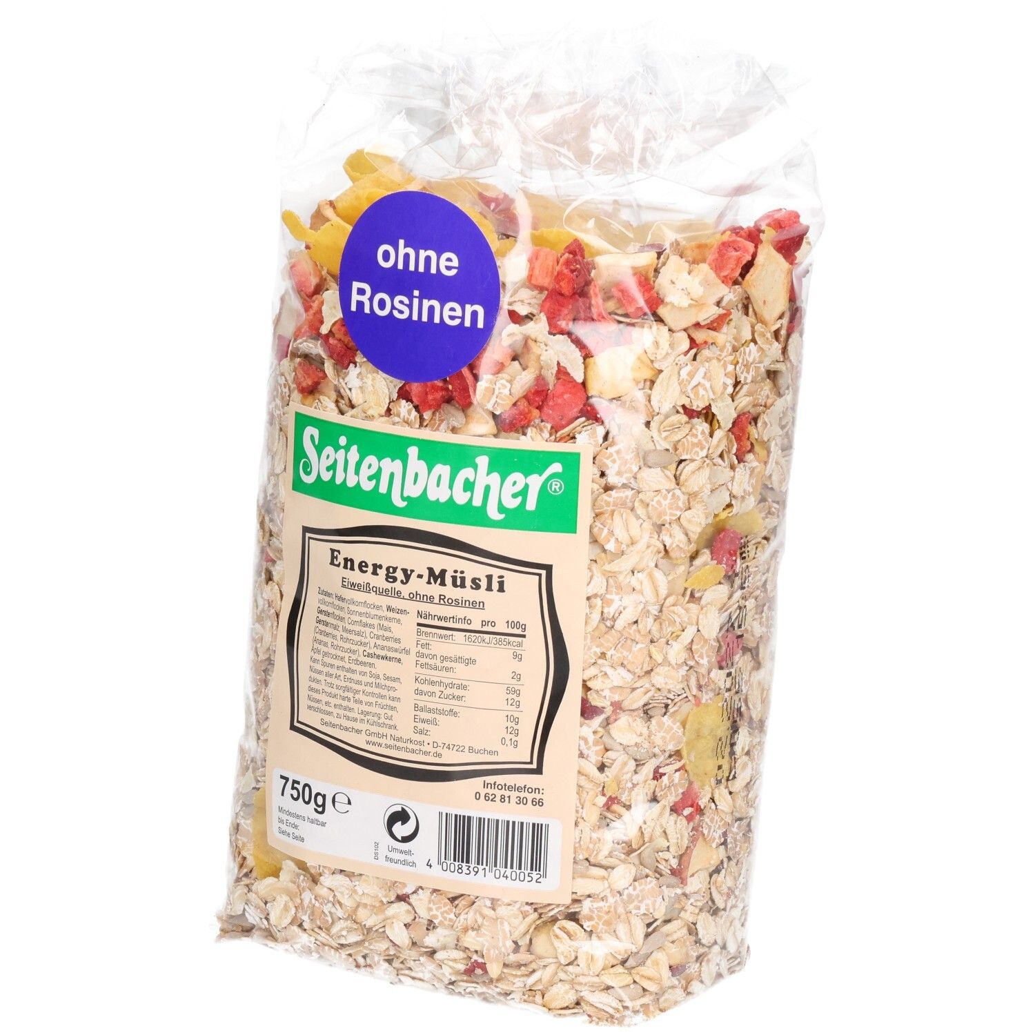 Transparente Verpackung mit Müsli. Aufschrift: Seitenbacher, Energy-Müsli, ohne Rosinen. 750g.