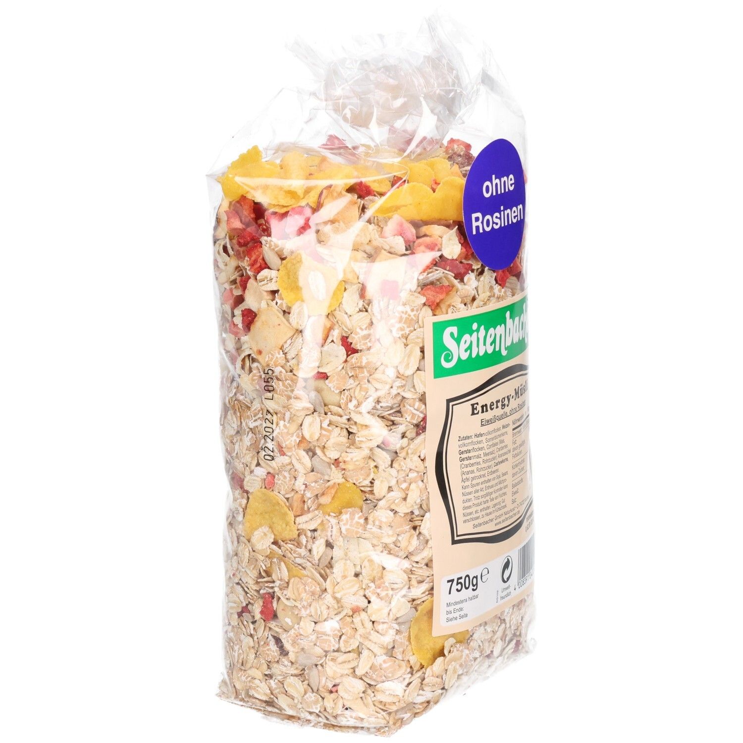 Transparente Verpackung mit Müsli. Aufschrift: Seitenbacher, Energy-Müsli, ohne Rosinen. 750g.