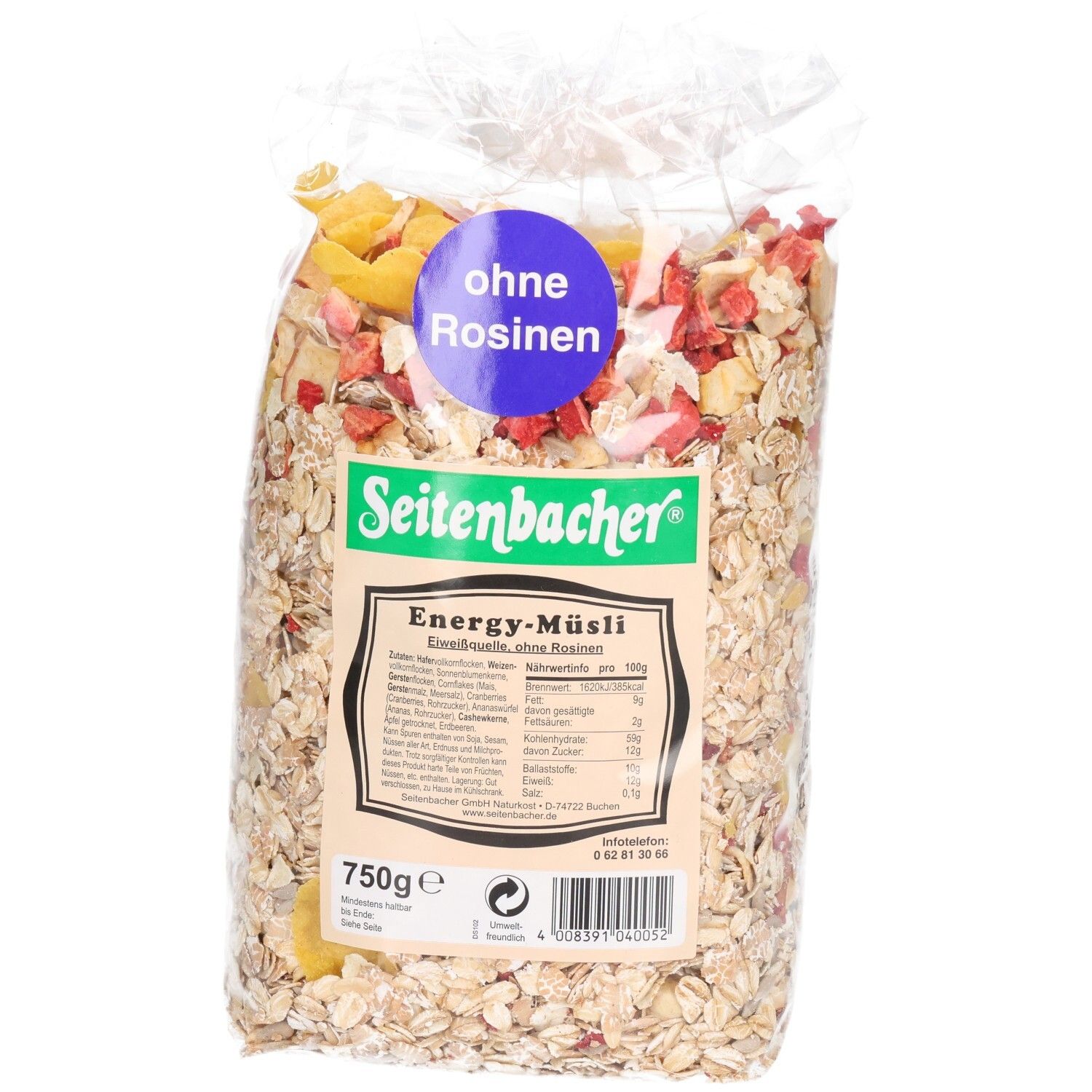 Transparente Verpackung mit Müsli. Aufschrift: Seitenbacher, Energy-Müsli, ohne Rosinen. 750g.