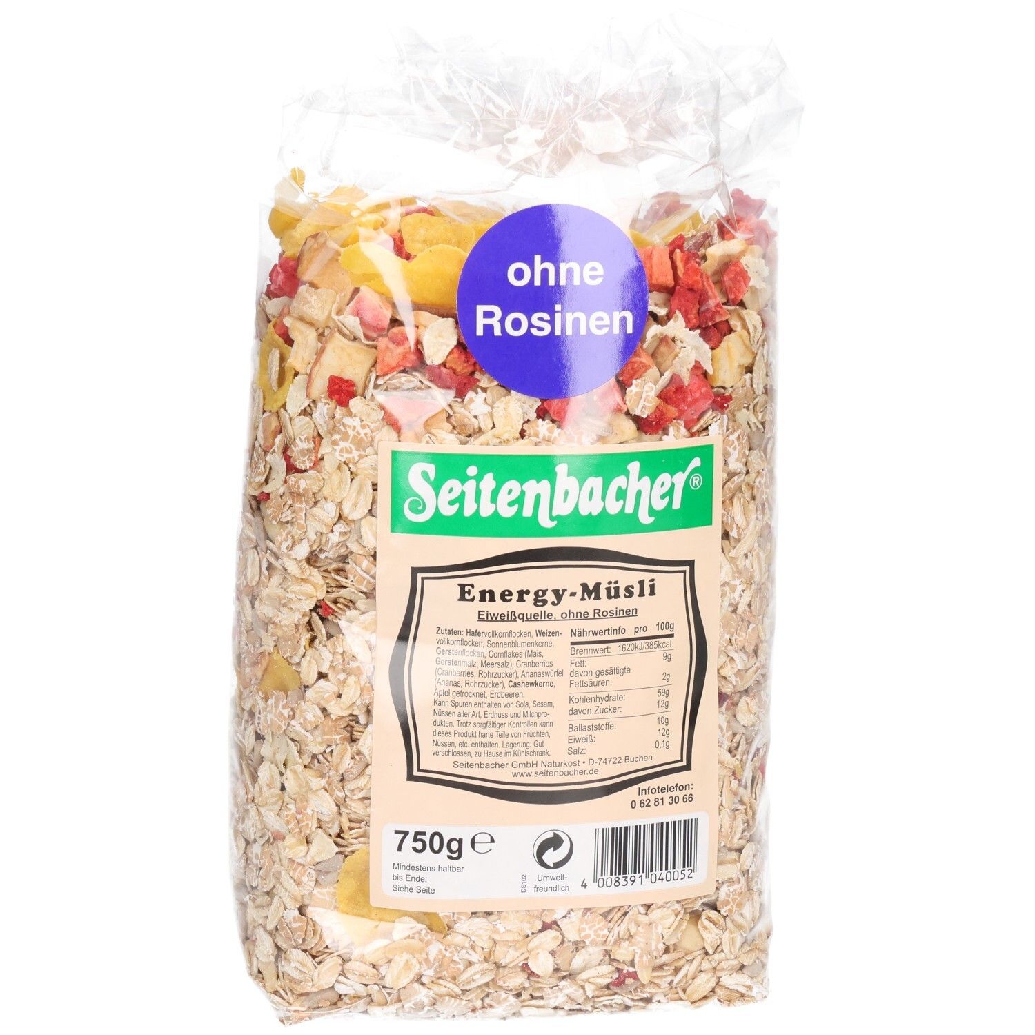 Transparente Verpackung mit Müsli. Aufschrift: Seitenbacher, Energy-Müsli, ohne Rosinen. 750g.