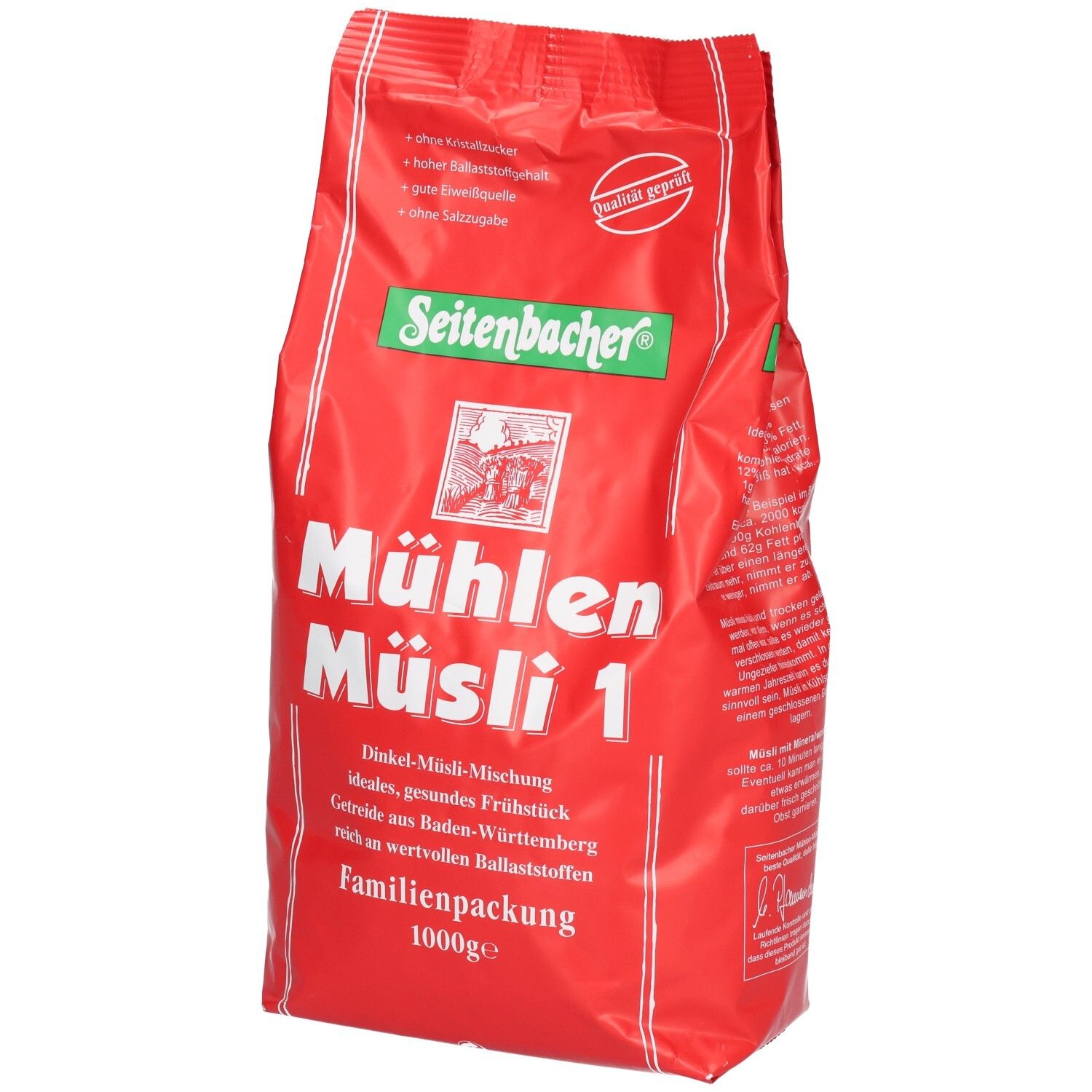Rote Verpackung von Seitenbacher Mühlen-Müsli 1. Aufschrift: Dinkel-Müsli-Mischung, Familienpackung, 1000g.