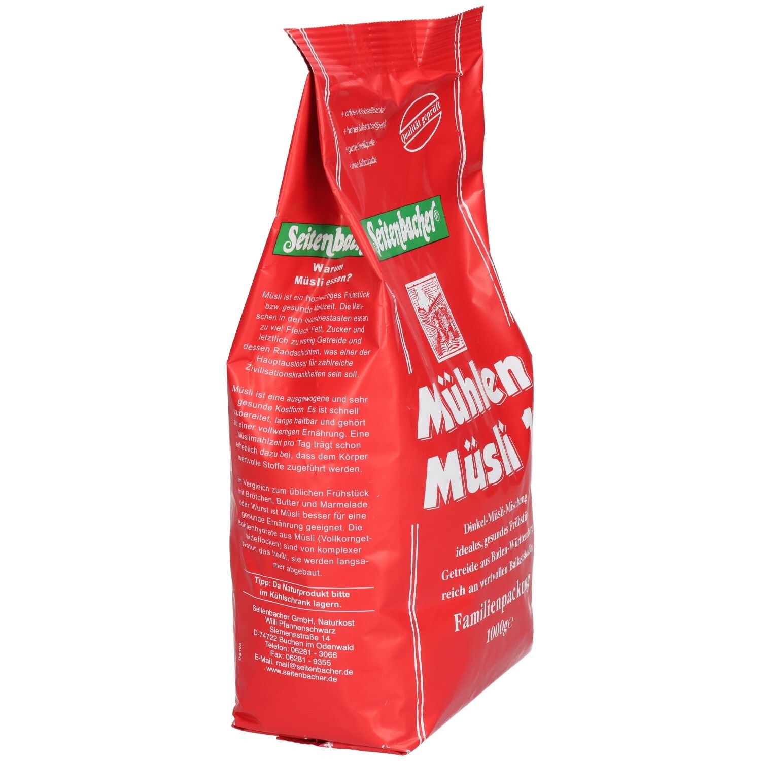 Rückseite der roten Verpackung von Seitenbacher Mühlen-Müsli 1. Text und Logo.