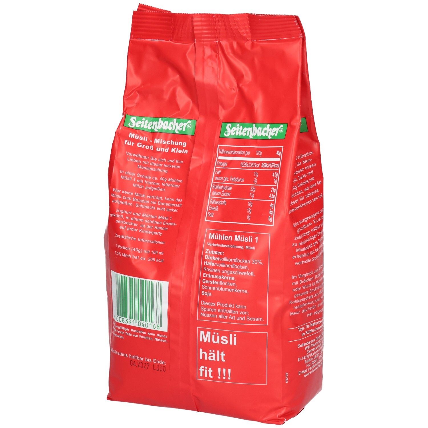 Rückseite der roten Verpackung von Seitenbacher Mühlen-Müsli 1. Nährwertangaben und Zutatenliste.
