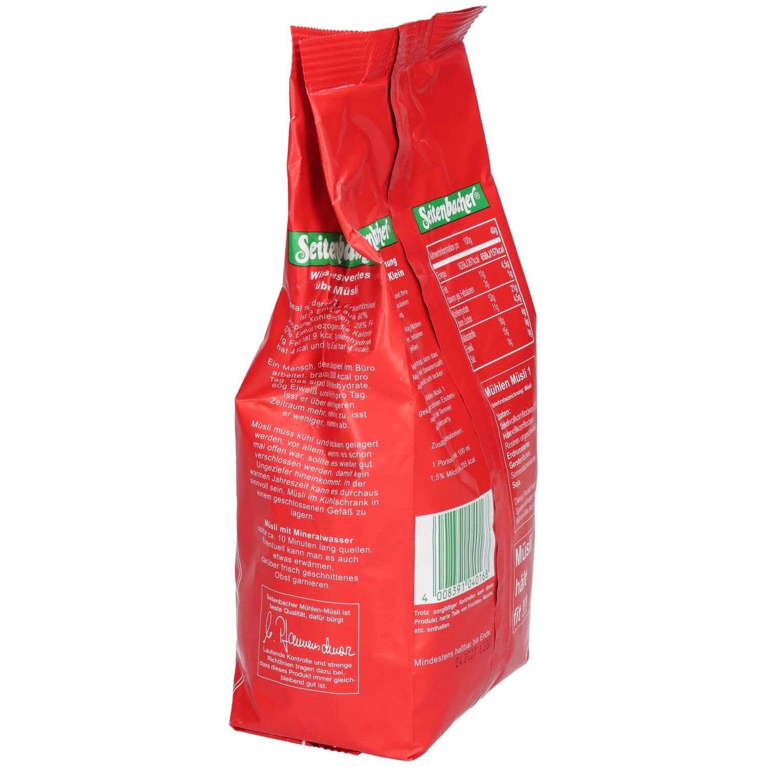 Rückseite der roten Verpackung von Seitenbacher Mühlen-Müsli 1. Text, Logo und Barcode.