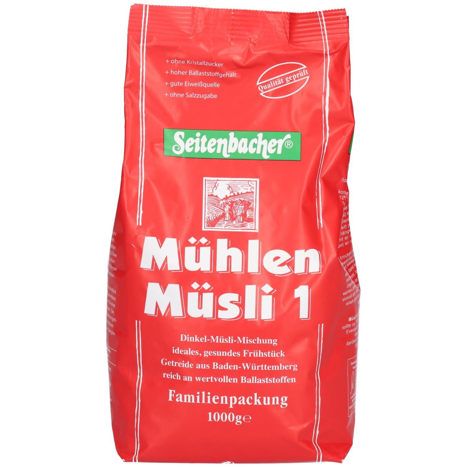 Rote Verpackung von Seitenbacher Mühlen-Müsli 1. Aufschrift: Dinkel-Müsli-Mischung, Familienpackung, 1000g.