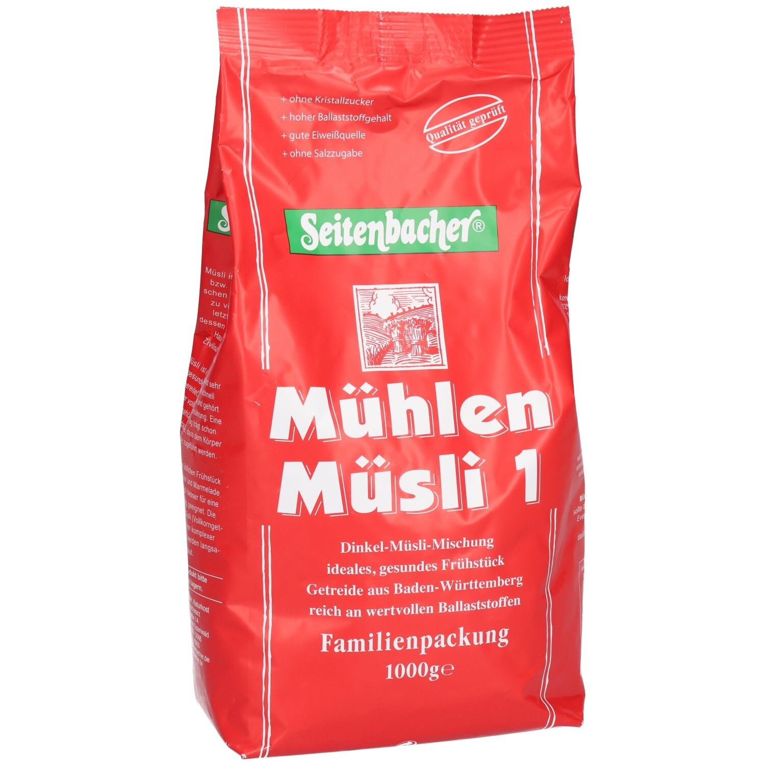 Rote Verpackung von Seitenbacher Mühlen-Müsli 1. Aufschrift: Dinkel-Müsli-Mischung, Familienpackung, 1000g.