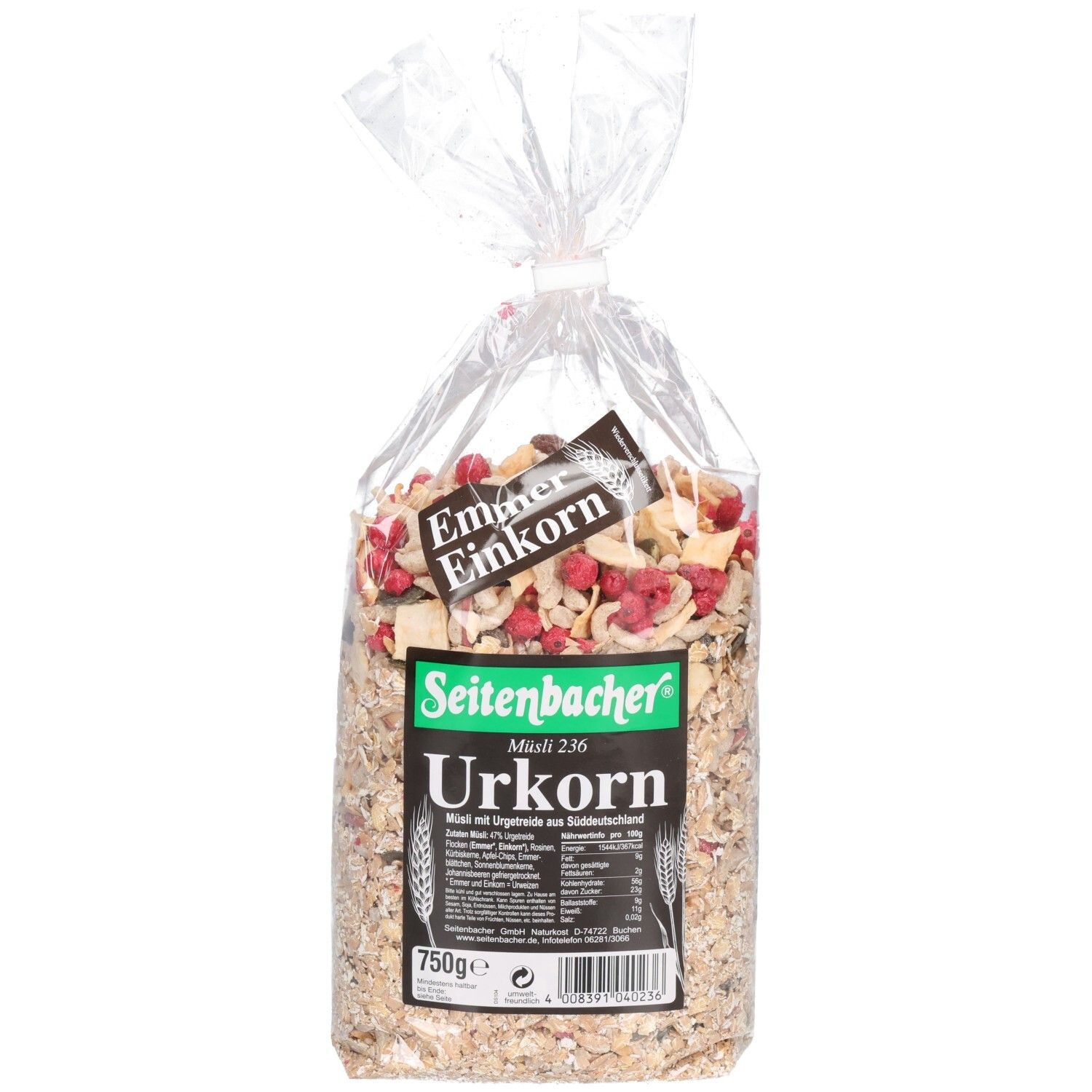 Transparente Tüte mit Urkornmüsli. Seitenbacher-Logo und Produktbezeichnung. Enthält Getreide, Früchte und Nüsse. 750g.