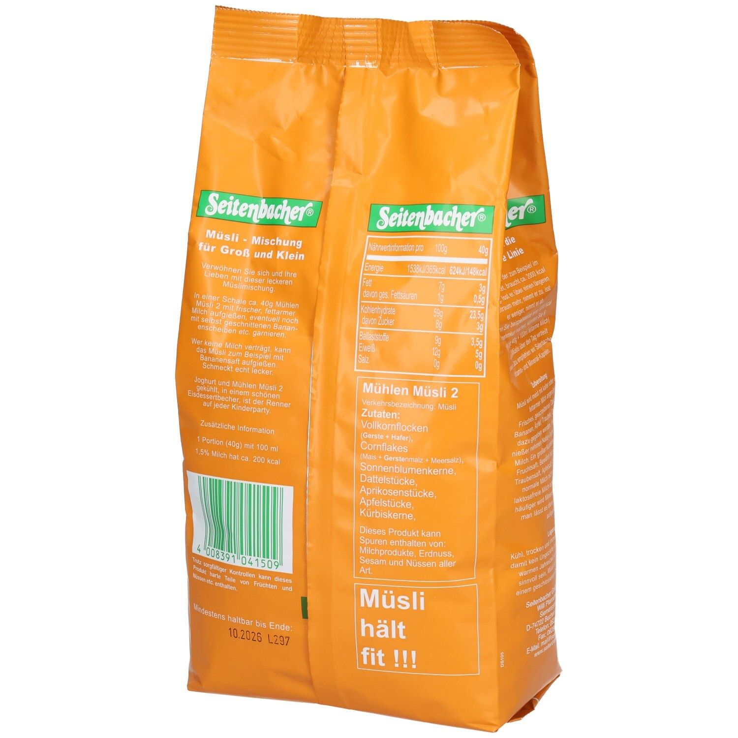 Rückseite der orangefarbenen Verpackung von Seitenbacher Mühlen-Müsli 2. Enthält Nährwertangaben und Zutatenliste. Aufschrift: Müsli hält fit!!!