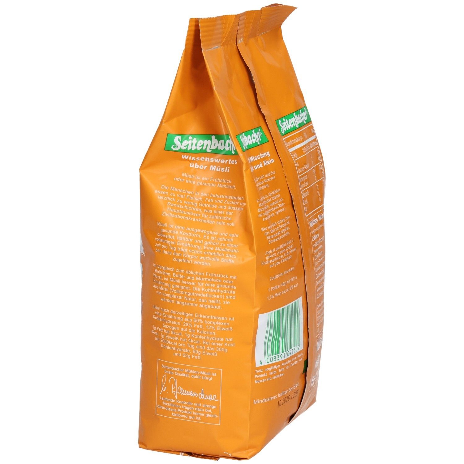 Seitenansicht der orangefarbenen Verpackung von Seitenbacher Mühlen-Müsli 2. Enthält Text und Logo. Aufschrift: Müsli und die schlanke Linie.
