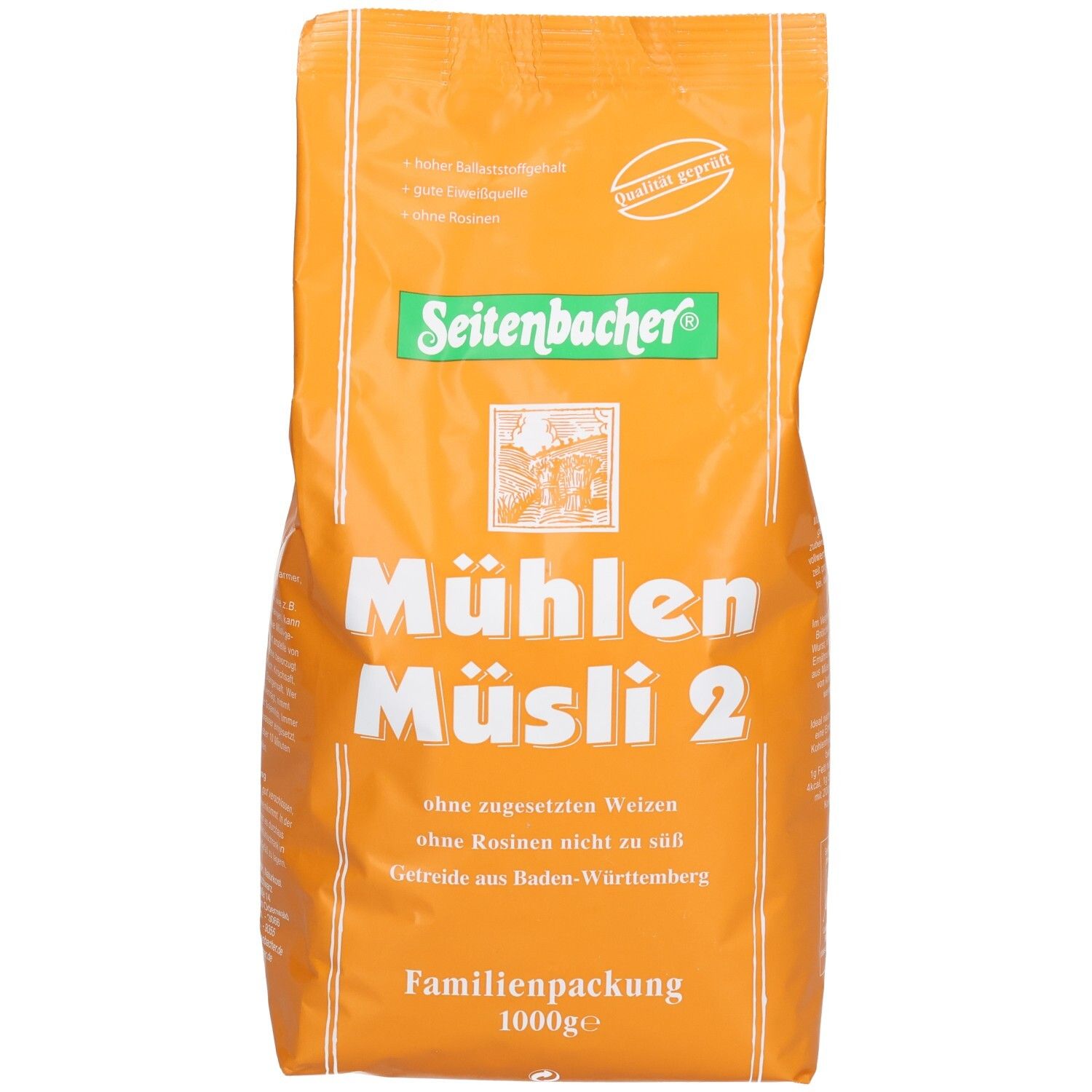 Orangefarbene Verpackung von Seitenbacher Mühlen-Müsli 2. Aufschrift: Mühlen Müsli 2, ohne Rosinen, Familienpackung, 1000g.