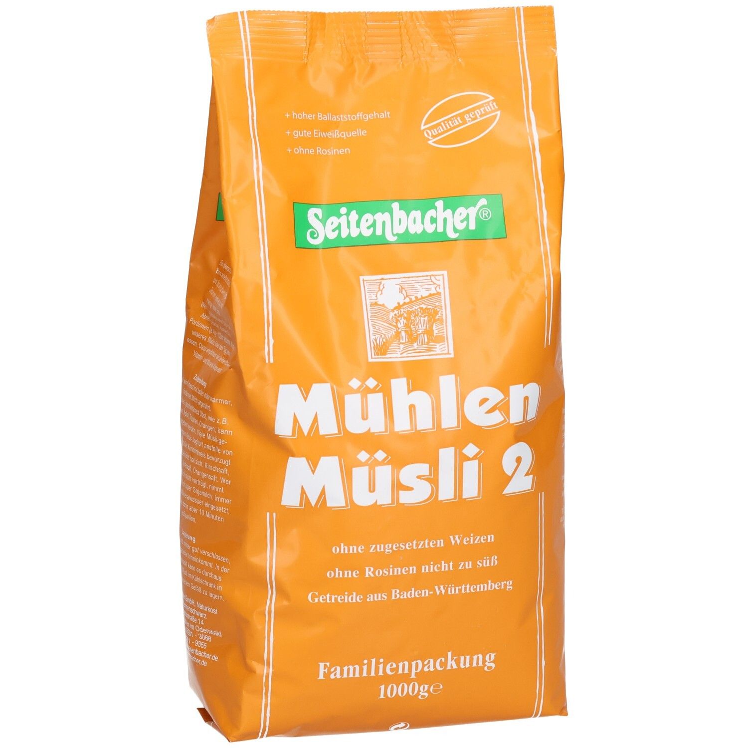 Orangefarbene Verpackung von Seitenbacher Mühlen-Müsli 2. Aufschrift: Mühlen Müsli 2, ohne Rosinen, Familienpackung, 1000g.