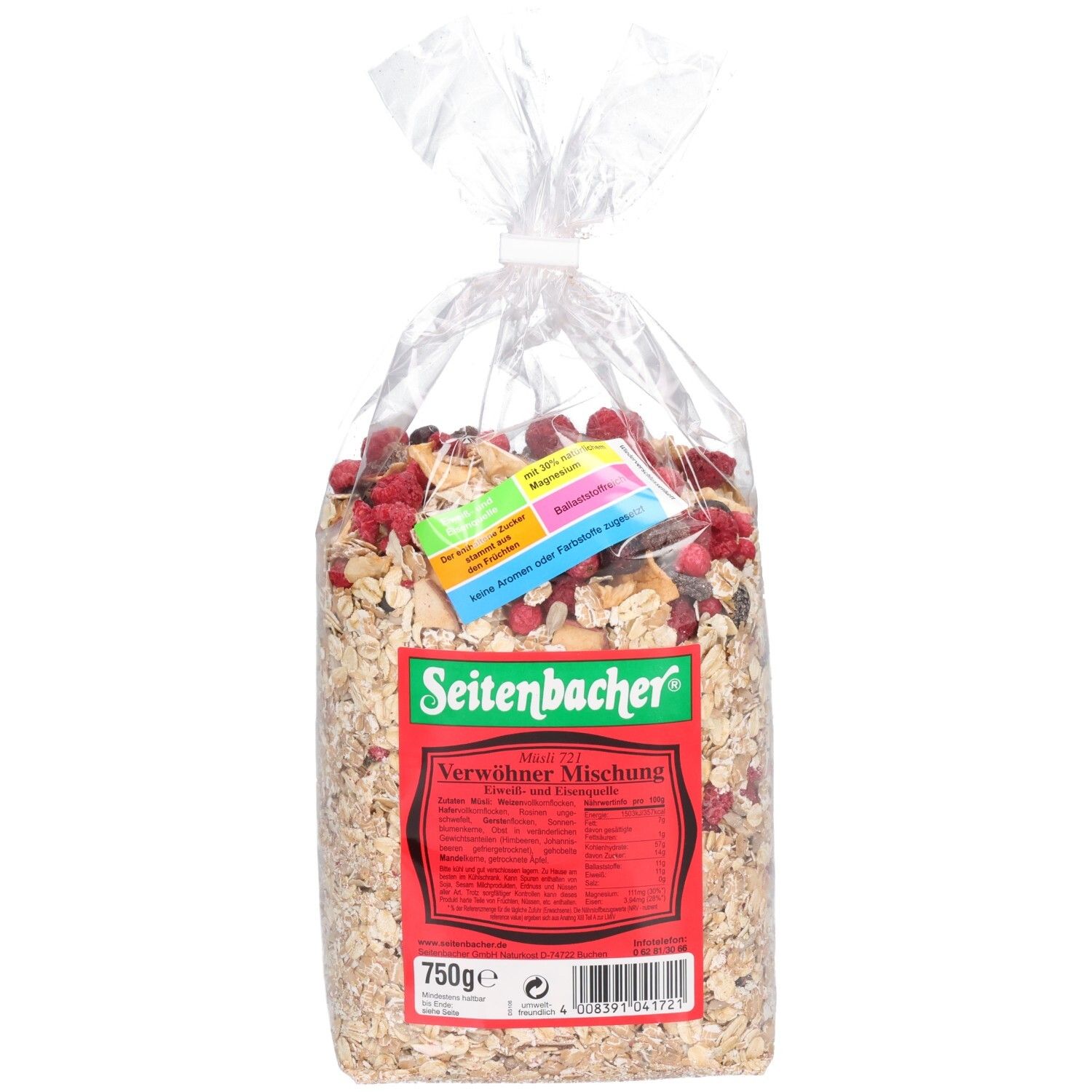 Transparente Tüte mit Müsli. Rote Früchte sichtbar. Seitenbacher-Logo und Produktname "Verwöhner Mischung" auf rotem Etikett.