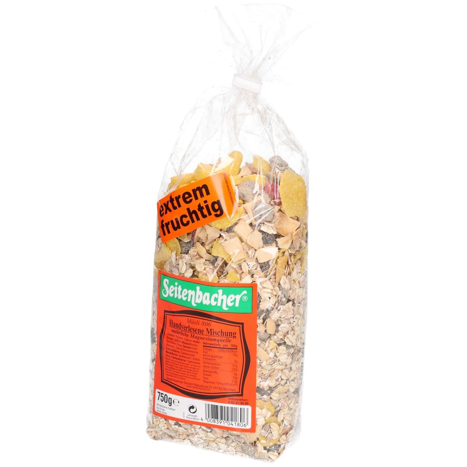 Transparente Tüte mit Müsli. Aufkleber "extrem fruchtig". Rotes Etikett mit Text. Marke: Seitenbacher. 750g.
