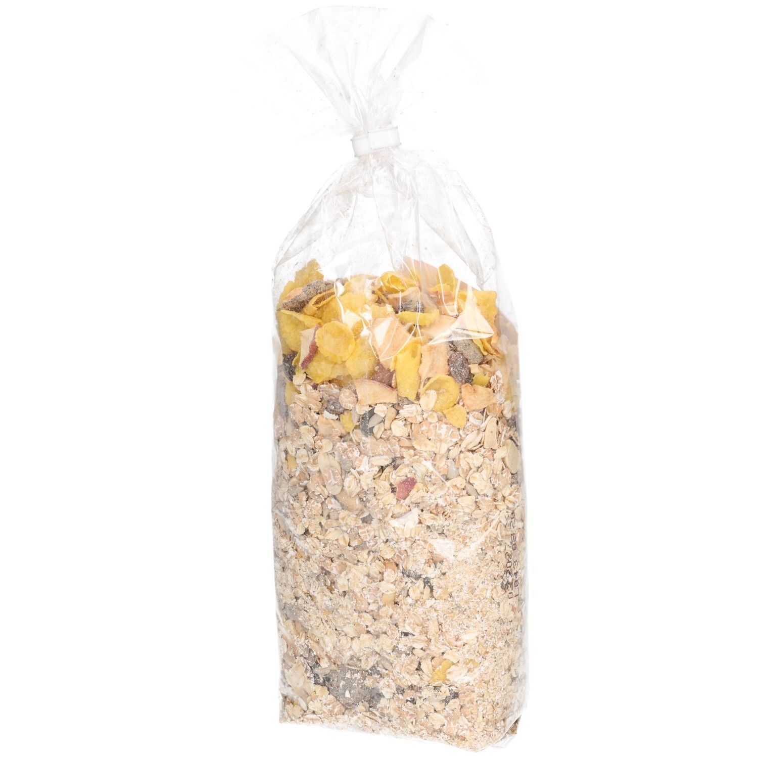 Transparente Tüte gefüllt mit Müsli. Sichtbar sind verschiedene Getreide- und Fruchtstücke. Keine Etiketten sichtbar.