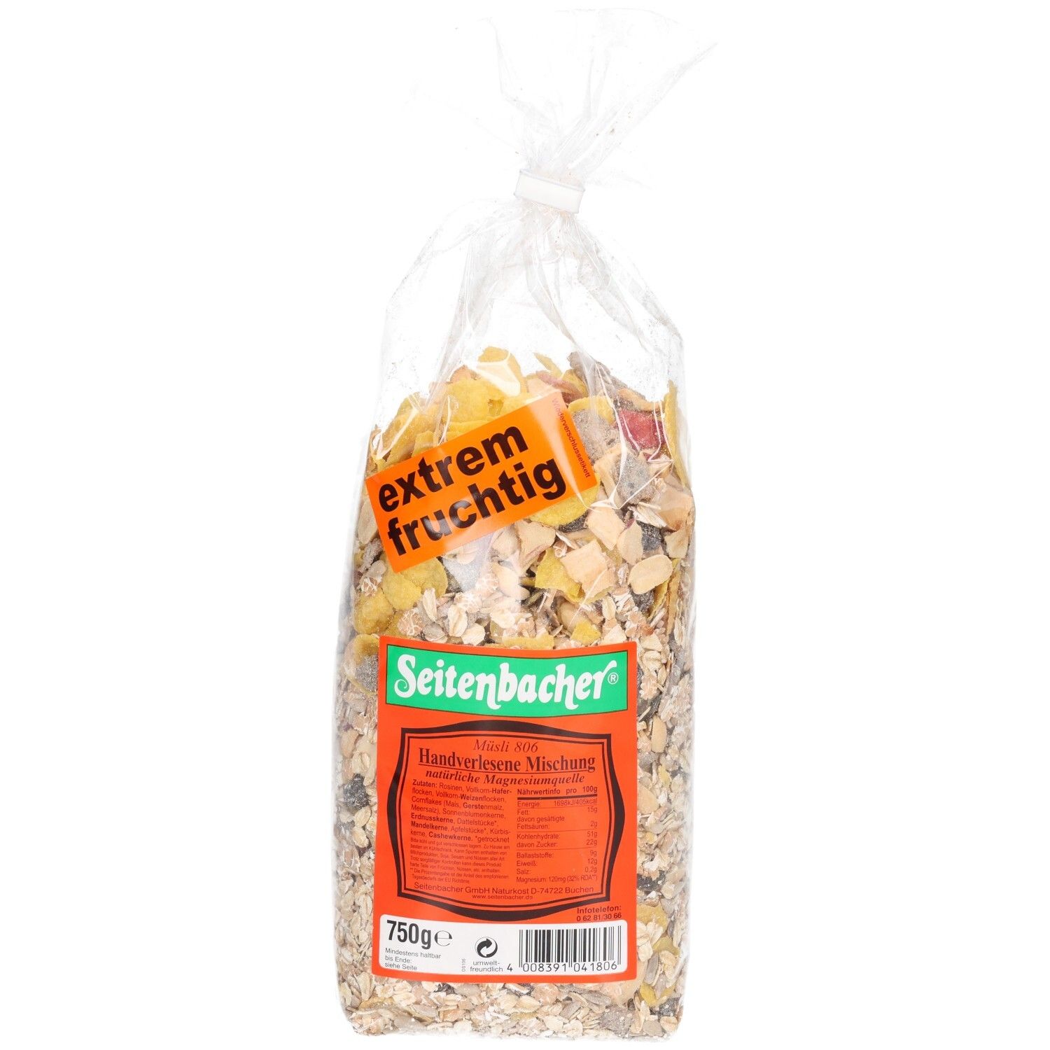 Transparente Tüte mit Müsli. Aufkleber "extrem fruchtig". Rotes Etikett mit Text. Marke: Seitenbacher. 750g.