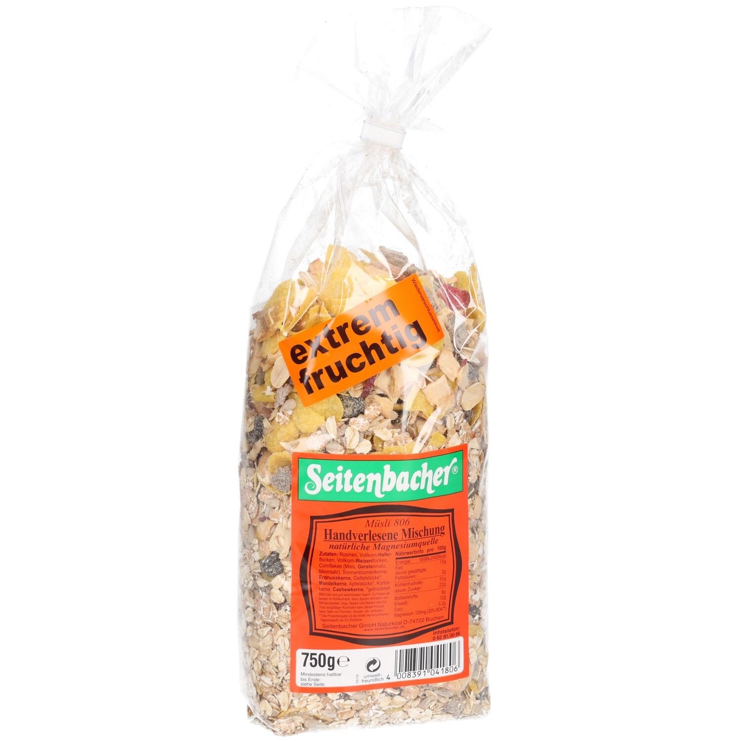 Transparente Tüte mit Müsli. Aufkleber "extrem fruchtig". Rotes Etikett mit Text. Marke: Seitenbacher. 750g.